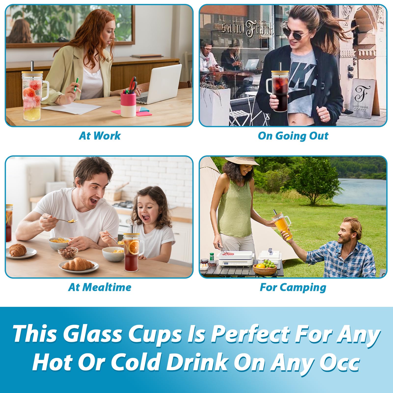 G HOM 2 Pack 24oz/720ml Glazen Ijskoffiekopjes Met Bamboe Deksels En Roestvrijstalen Rietjes Bubble Tea Cups Set Voor Cocktails Tumbler Iced Koffiekop Herbruikbare Boba Cup Rietje 2229994311