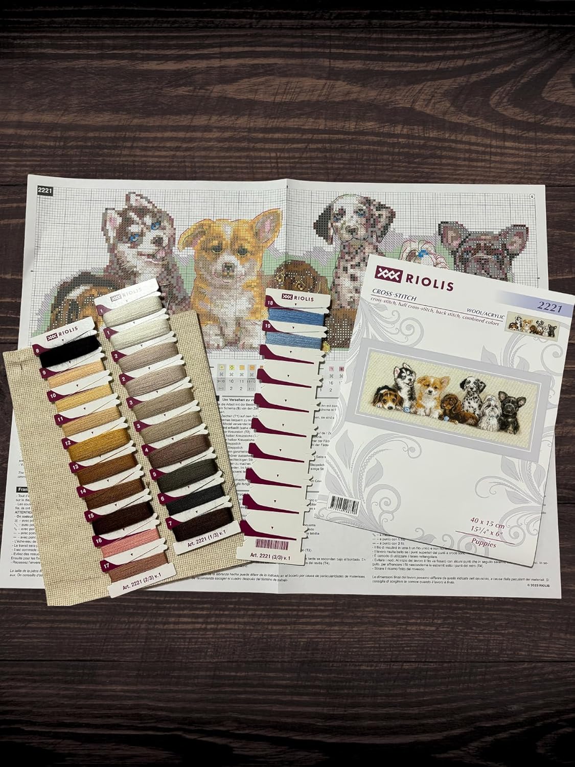 RIOLIS - Puppies 2221, Dogs Cross Stitch Kits 15¾"x6, Counted Cross Stitch Kits, Counted Cross Stitch Kits for Beginners & Advanced, Cross Stitching Kits for Adults, Dog Embroidery Kit
