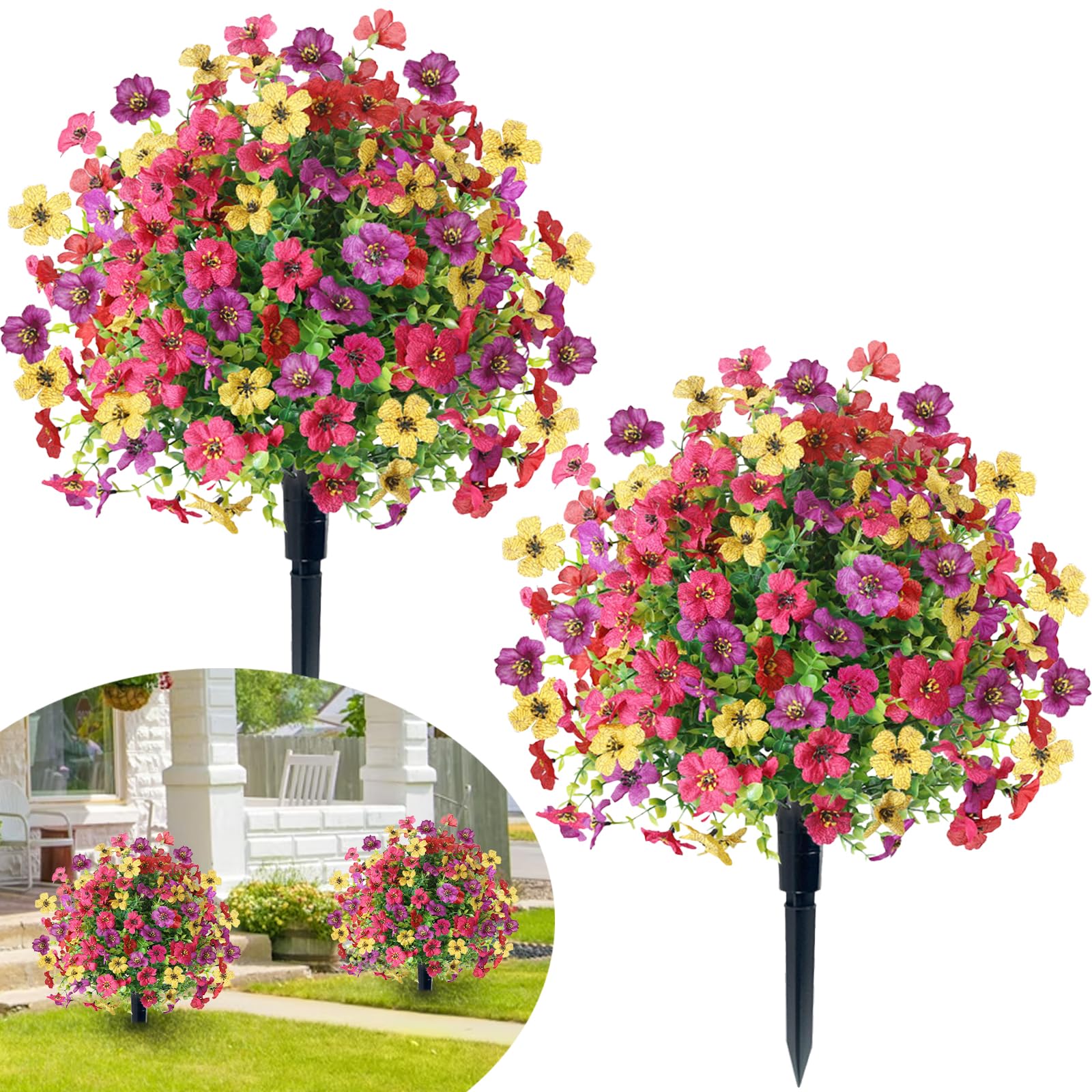 2 Pezzi Bossi Finto Esterno 60 cm Bosso Artificiale con Picchetto Piante Finte Arte Topiaria Alberi Arbusti e Cespugli Finti Resistenti ai Raggi UV per Balcone Terrazza Giardino Deco, Colorato