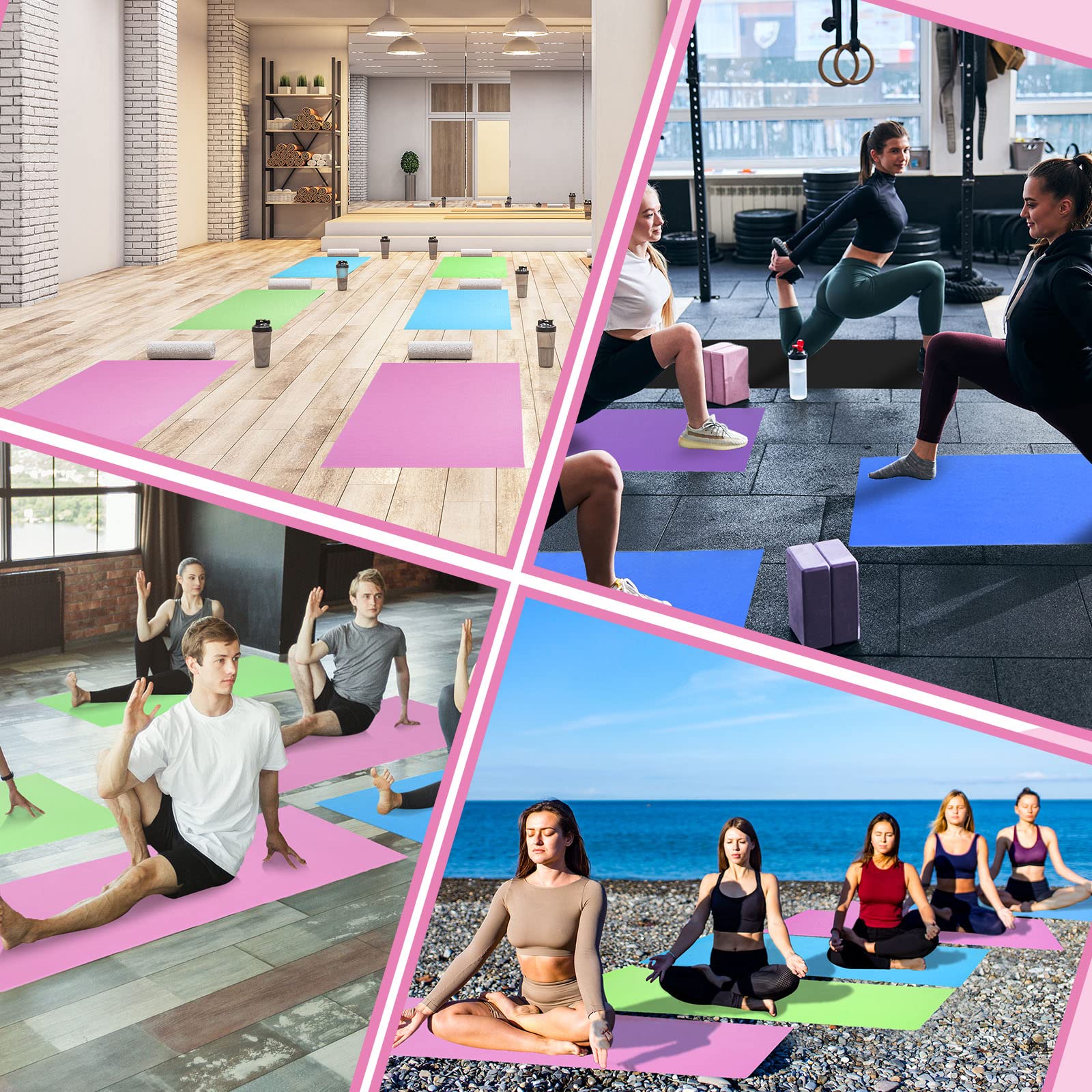 12 alfombrillas de yoga a granel de 68 x 24 x 0.12 pulgadas, alfombrillas de ejercicio antideslizantes para mujeres y hombres, entrenamiento en casa, gimnasio, yoga (verde, rosa, azul claro)