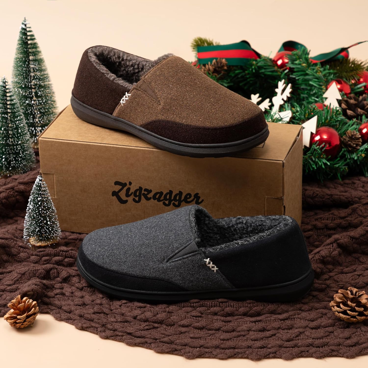 Zigzagger Men's Comfy Wool Slippers Indoor Outdoor House Shoes, Warm Soft Fur Fuzzy Fleece Lined Memory Foam Sole with Suede Upper - Image 8