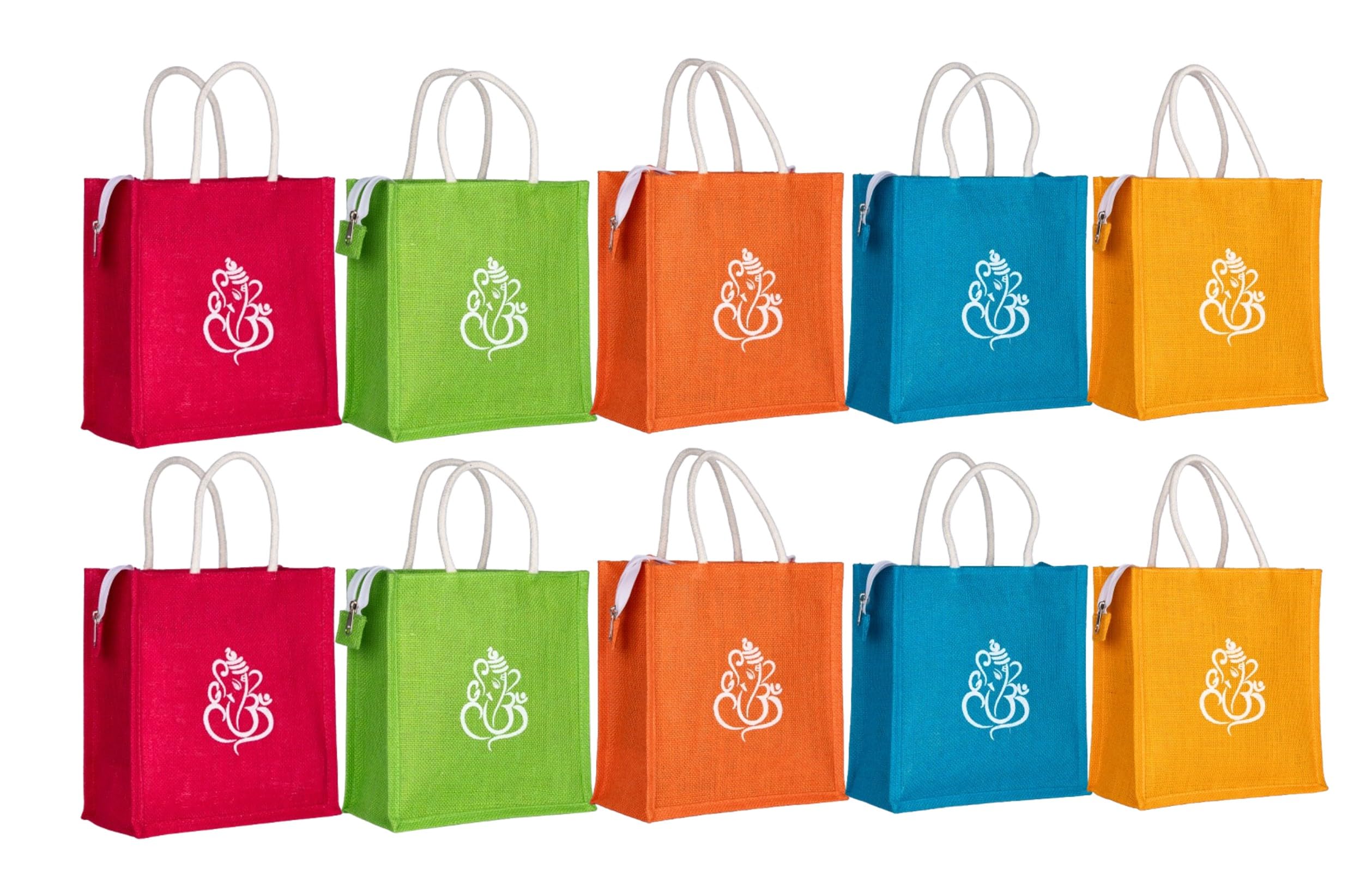 Soman Jute Ecofriendly Return Gift Bags Ganesha Printed Multicolor with Zip Pack of 10 Bags