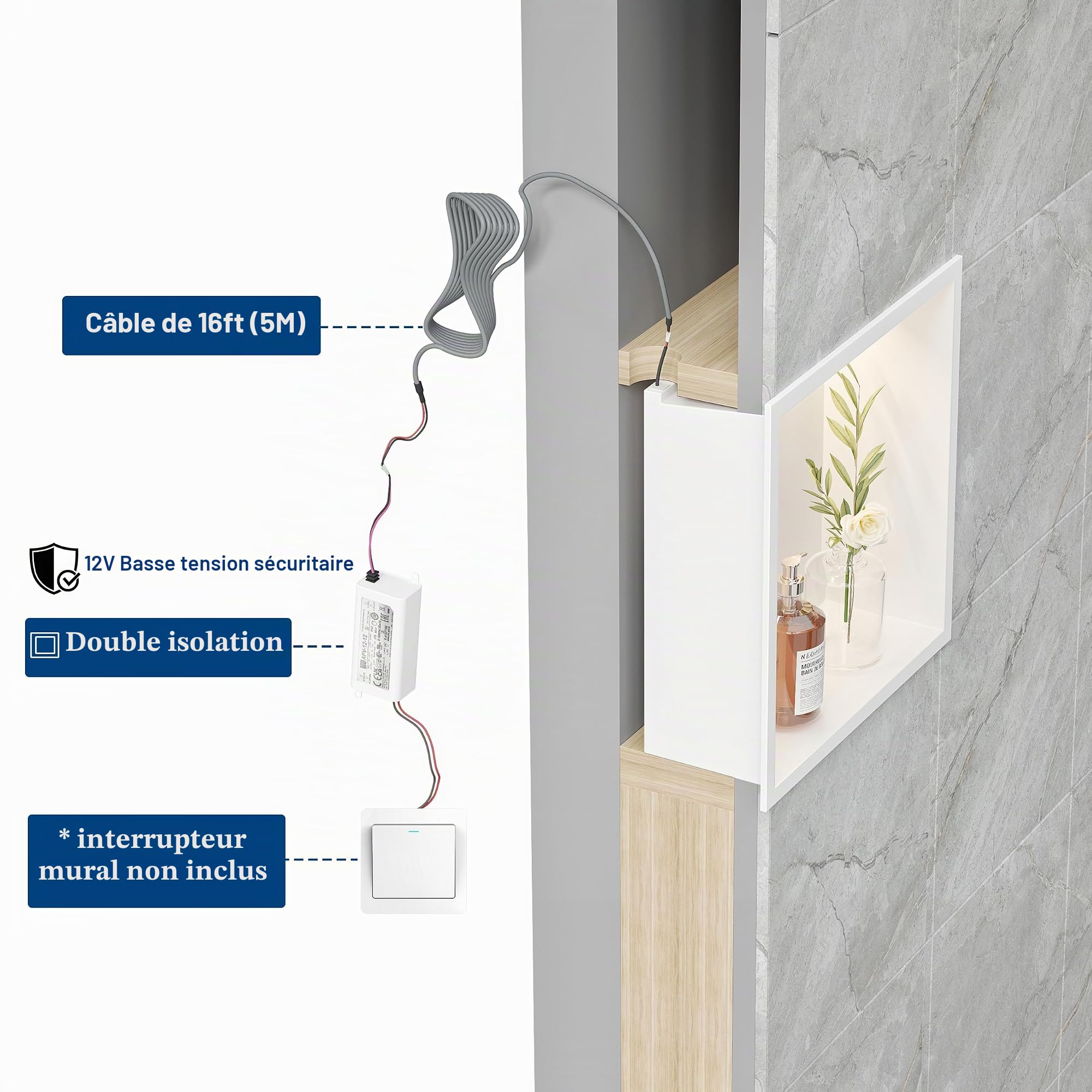 Niche de douche murale en acier inoxydable avec lumière LED, niche de douche encastrée blanche, étagère de rangement simple pour salle de bain, 30x30 cm
