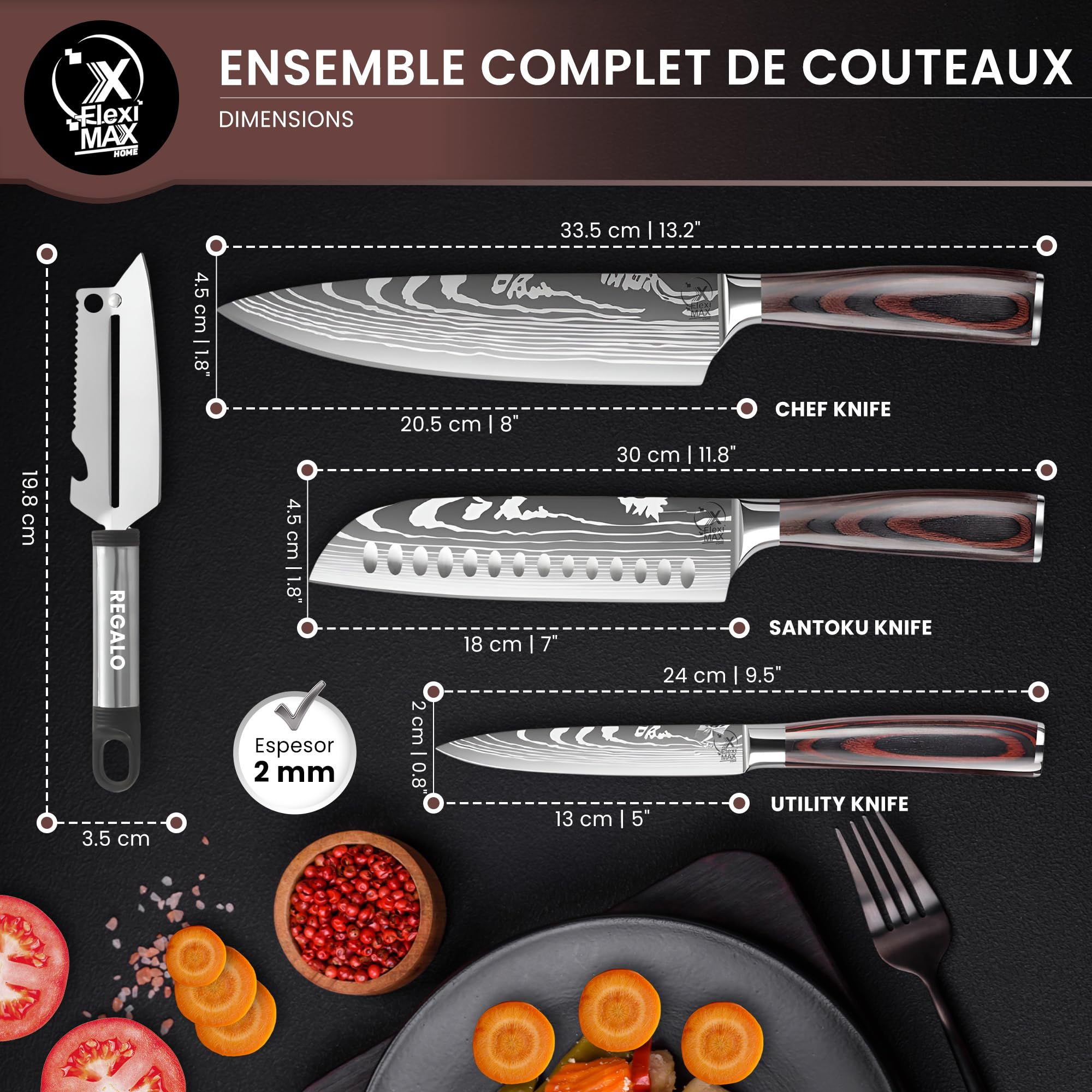 couteau cuisine couteaux de cuisine de Couteaux Chef 8”, Santoku 7”, Utilitaire 5” et Éplucheur couteau de cuisine