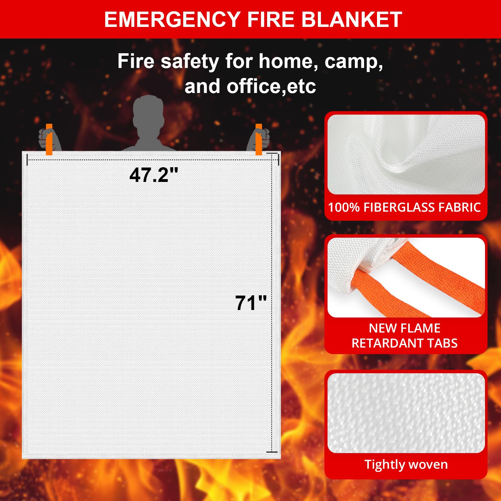 SecuCaptain Manta ignífuga de emergencia para el hogar, 47.2 x 71 pulgadas, manta ignífuga extragrande con pestañas ignífugas para casa, camping, cocina, protección contra incendios, seguridad de