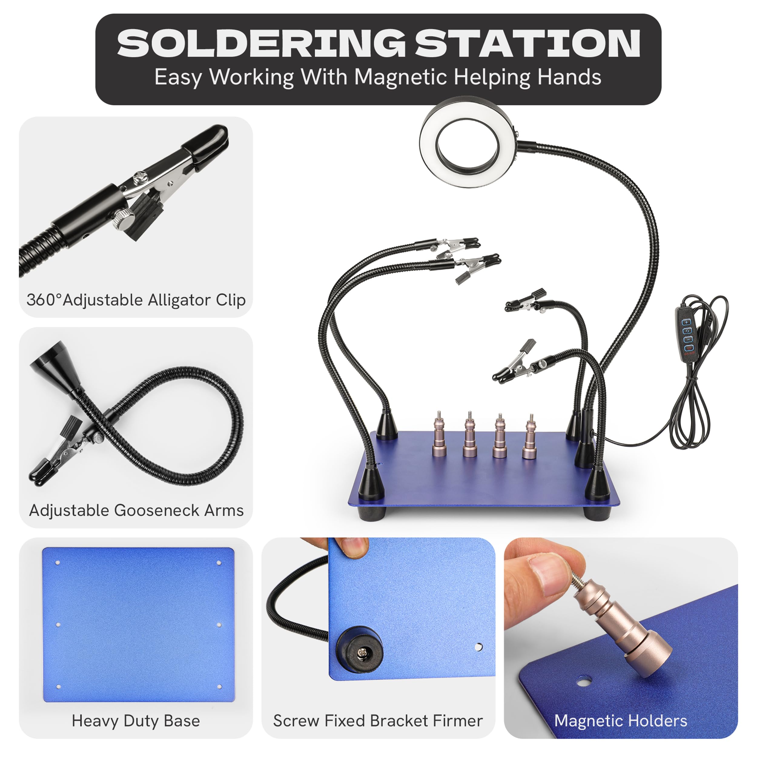 Helping Hands - Stazione di saldatura con lente d'ingrandimento 10X con luce LED, 4 bracci flessibili, grande base in acciaio resistente, supporto per PCB con pulitore in ottone e stoppino dissaldante
