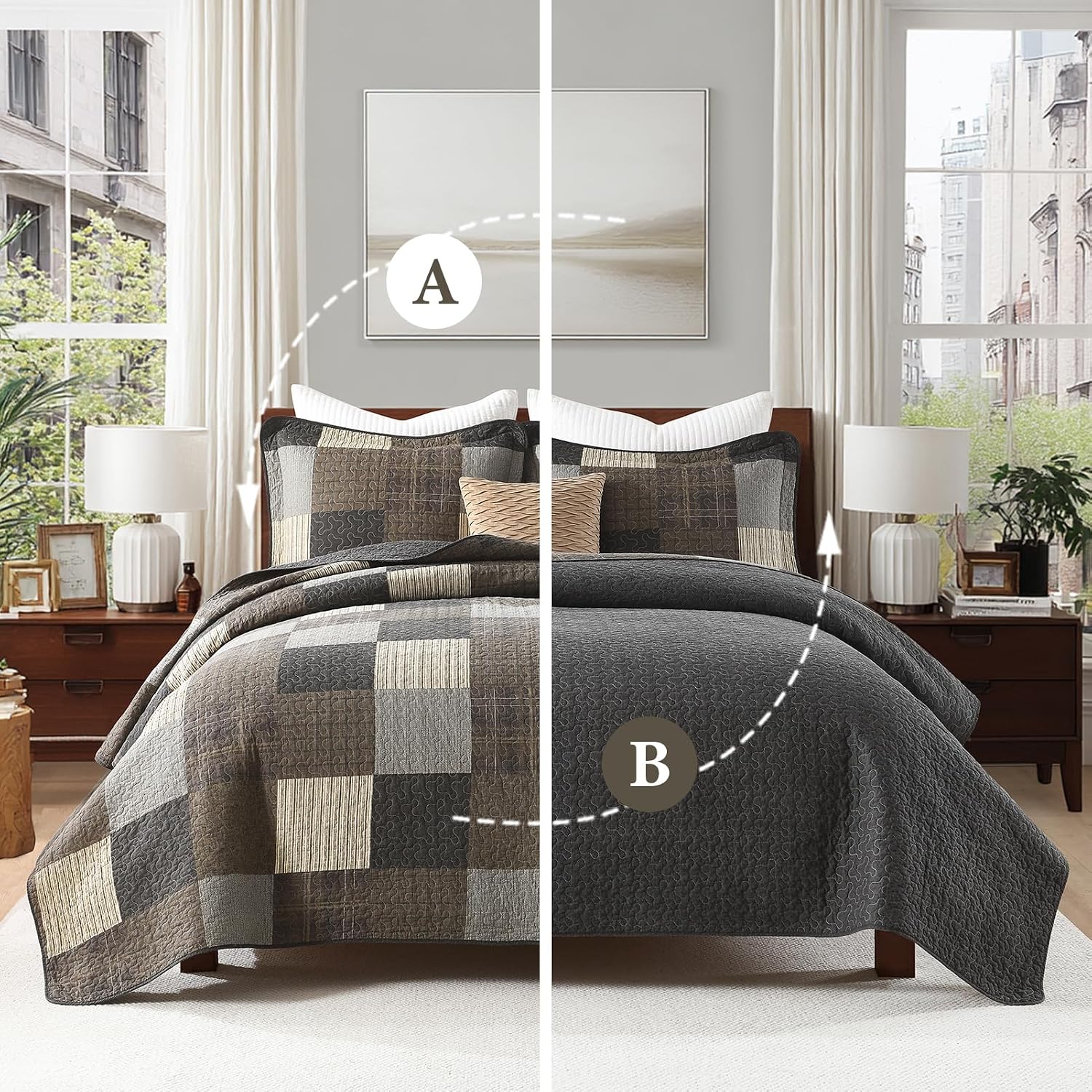 100% Cotton Quilt Set King Size - Farmhouse Plaid Quilted Comforter, Reversible King Quilt Bedspread, Patchwork Lightweight Bedding for King Bed, 3pcs, Gray/Beige/Black