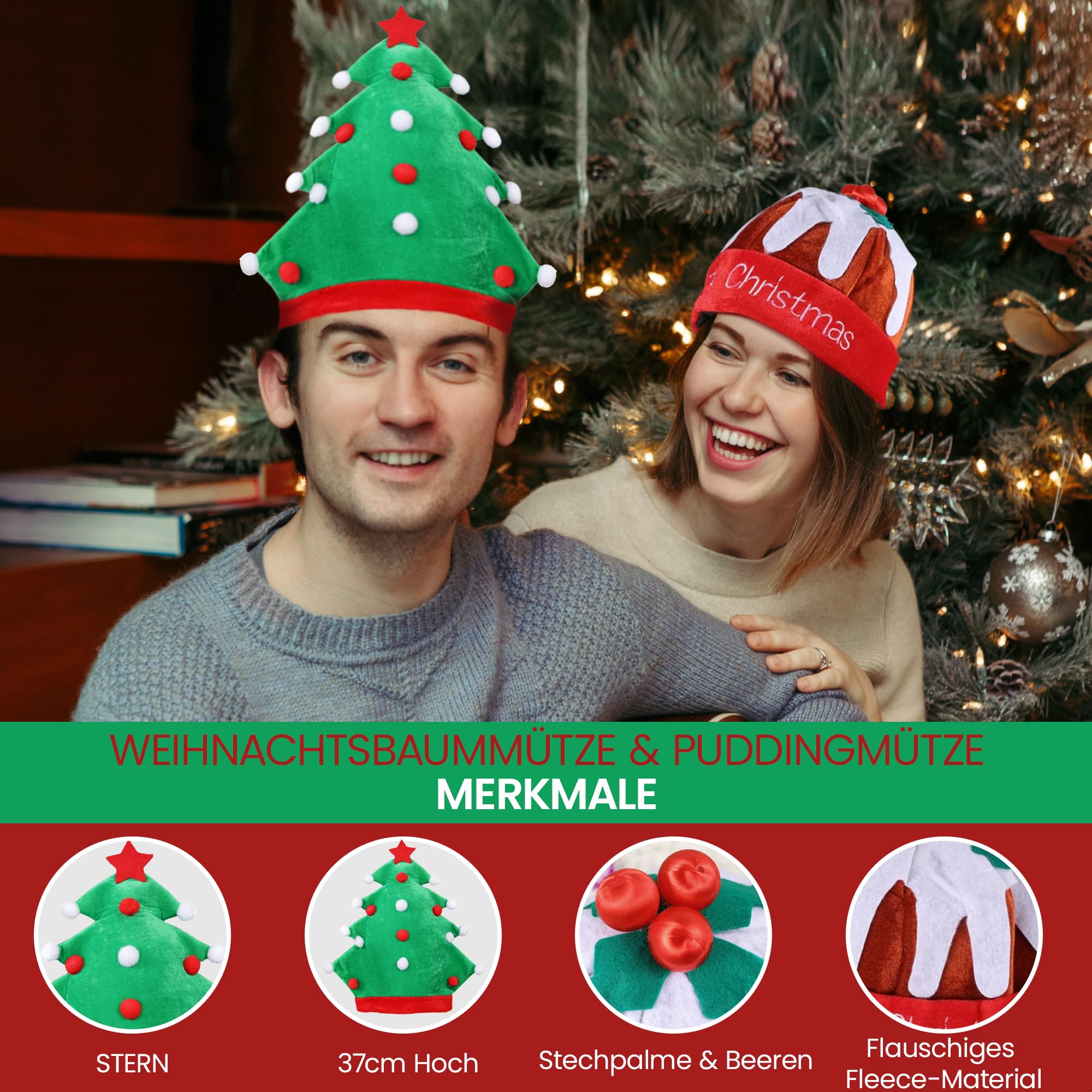 REDSTAR Neuheits-Weihnachtsmützen-Set – enthält Weihnachtsmützen, Weihnachts-Truthahnmütze für Erwachsene, Weihnachtspudding-Mütze für Erwachsene, Weihnachtsbaummütze –