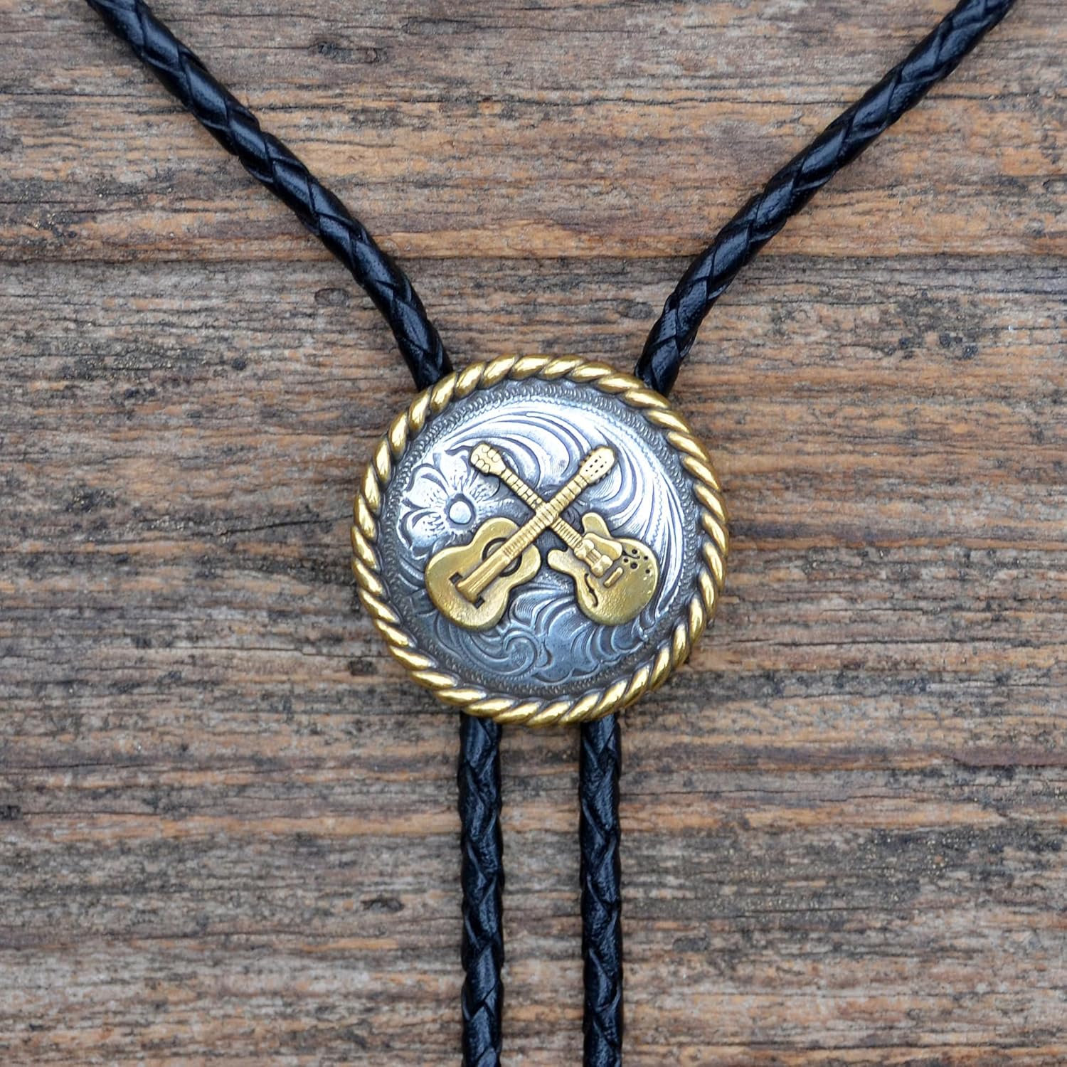 Crossed Guitars With Rope Edge Bolo Tie