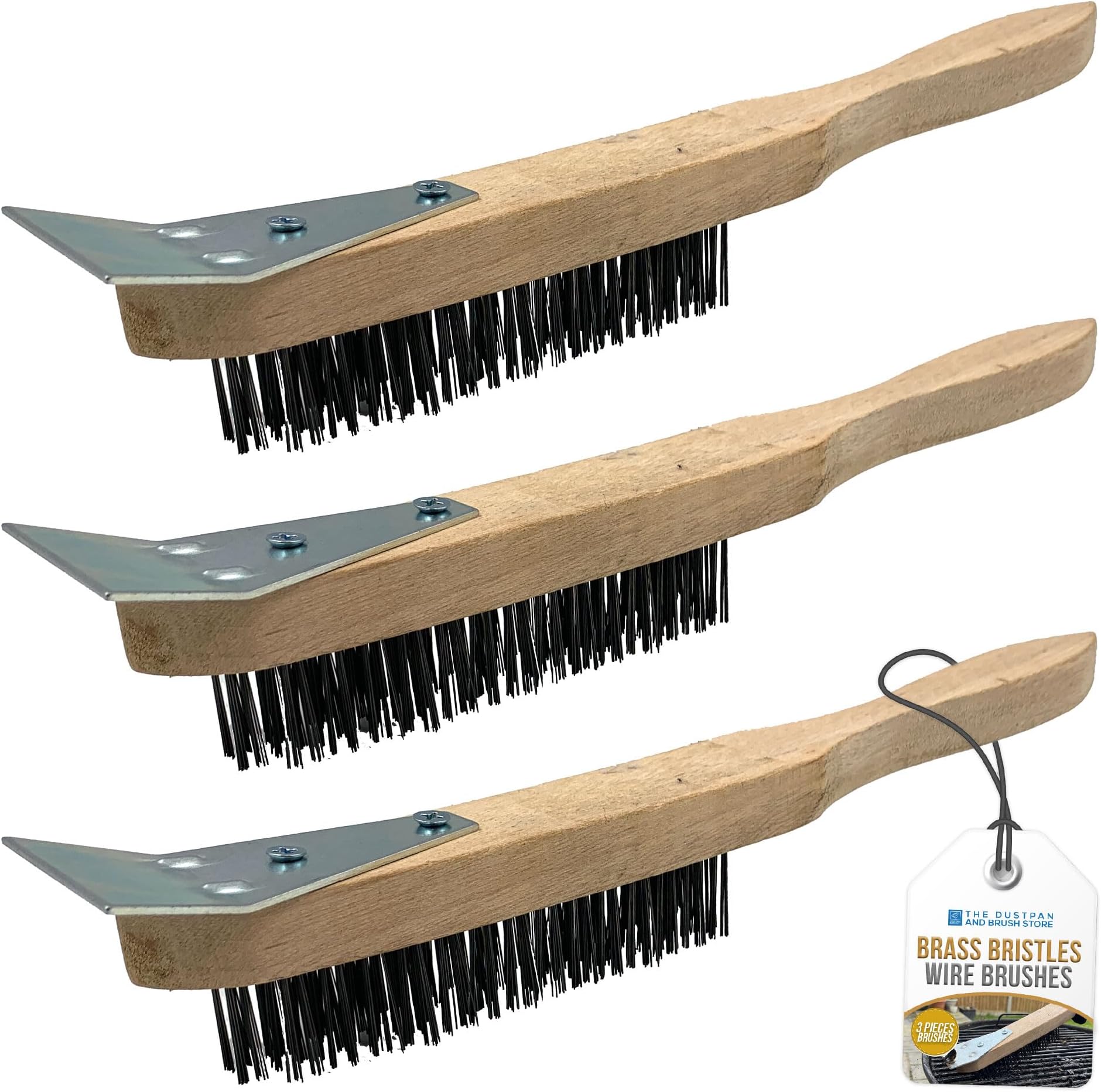 Wooden Wire Brush Set – Heavy Duty 4 Row Steel Brush with Wooden Handle and Metal Scraper, Steel Wire Brush for Rust Removal and Abrasive Cleaning (Set of 3 Wire Brushes)