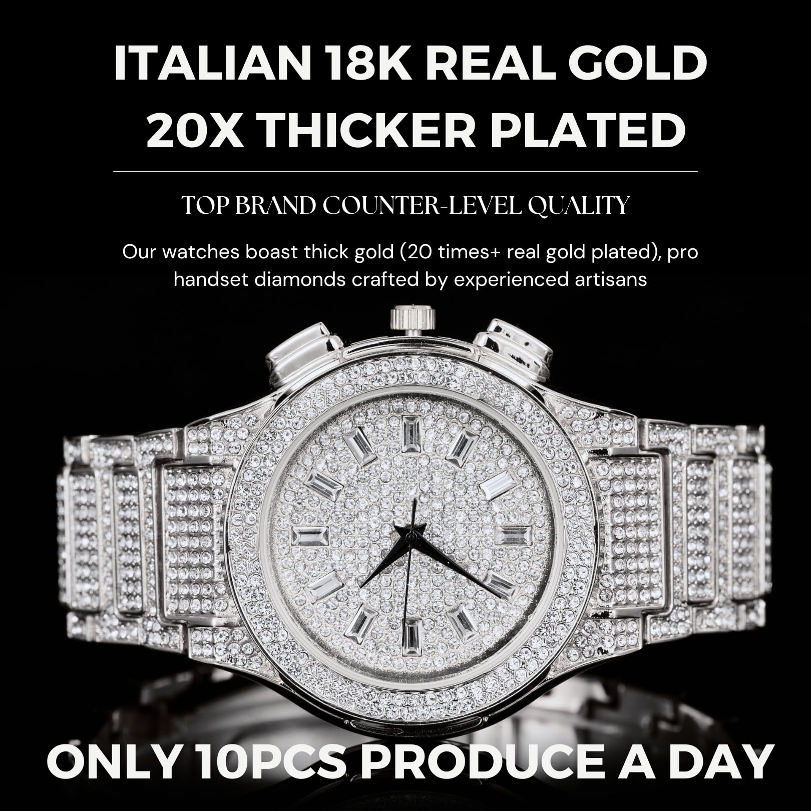 HALUKAKAH Reloj con Diamantes Moissanite para Hombre - Regal - Chapado en Oro Real 18K/Oro Blanco Platino,Esfera Redonda Grande con Números Romanos,Correa de 21,5cm - Caja de Regalo Incluida