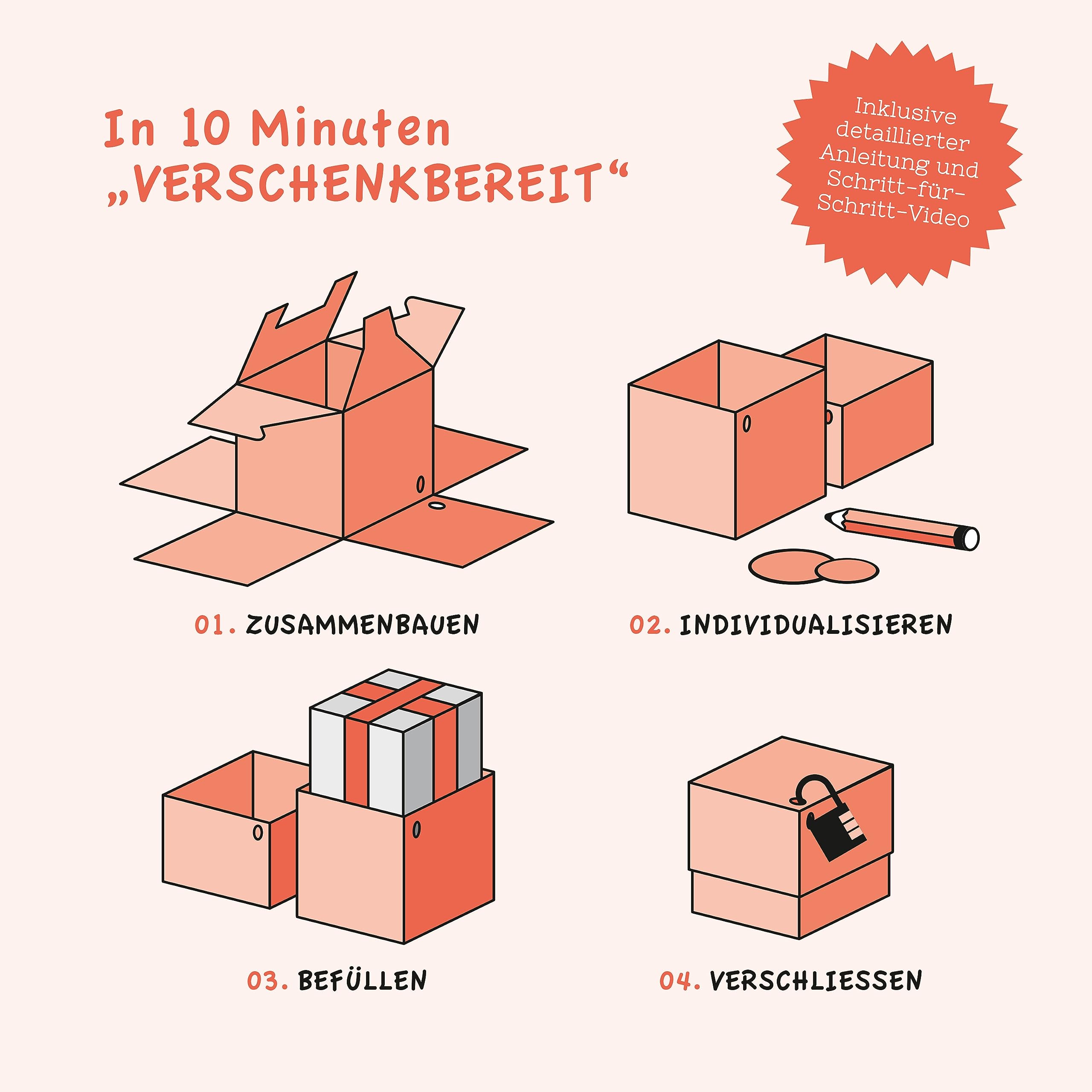 SURPRISA Geschenkboxen Set, 3er Pack Rätselboxen für Geldgeschenke & Gutscheine, Valentinstag, Jahrestag & Hochzeit, Briefmarkenrätsel, Herzrätsel & Liebesrätsel, Größe S (12cm)
