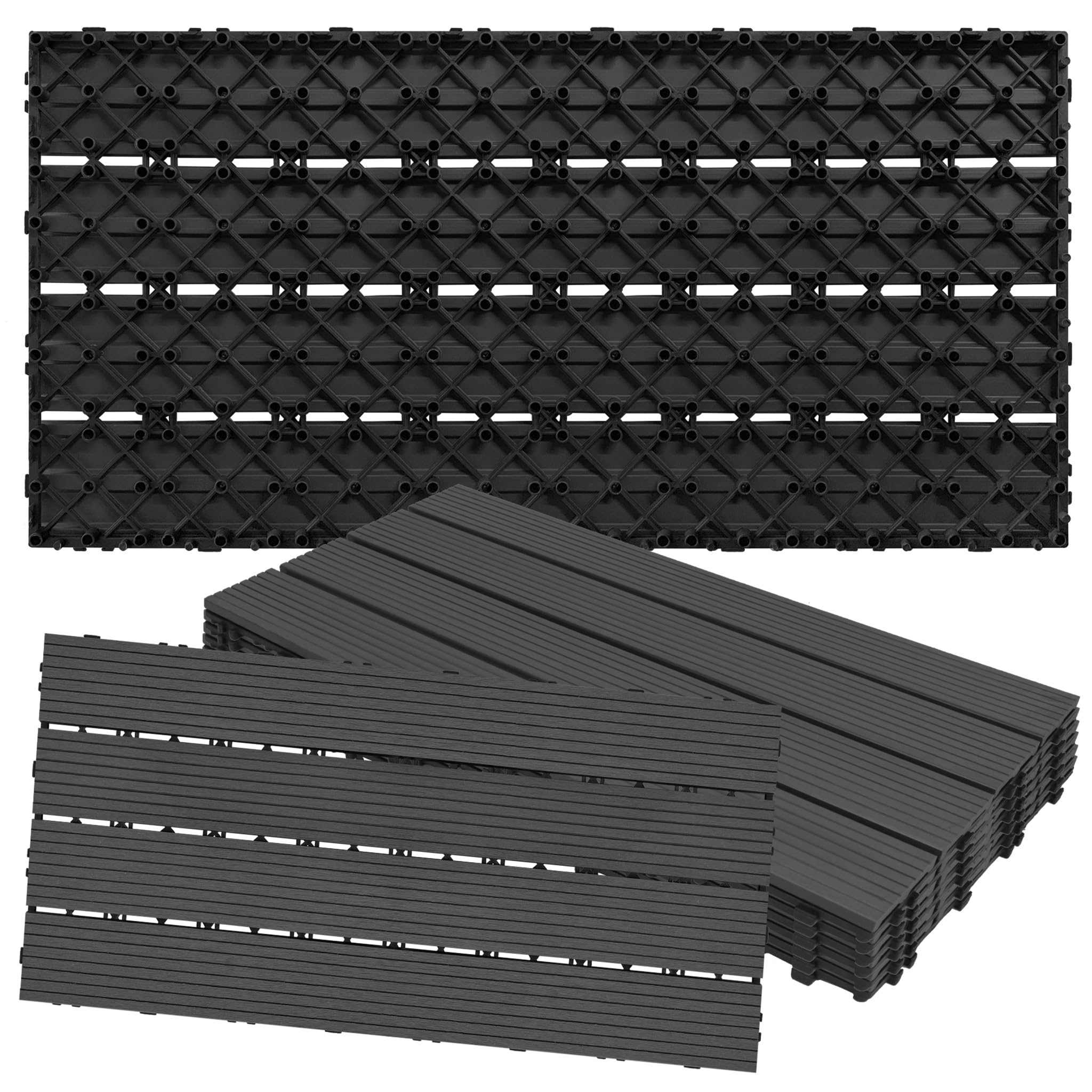 WPC Fliesen Holzfliesen Wetterfest Holzoptik Fliesen Klicksystem Terrassenfliesen Balkonfliesen mit Drainage Bodenfliesen Boden Trittsteine Garten - 12PCS - 30x60cm - Anthrazit