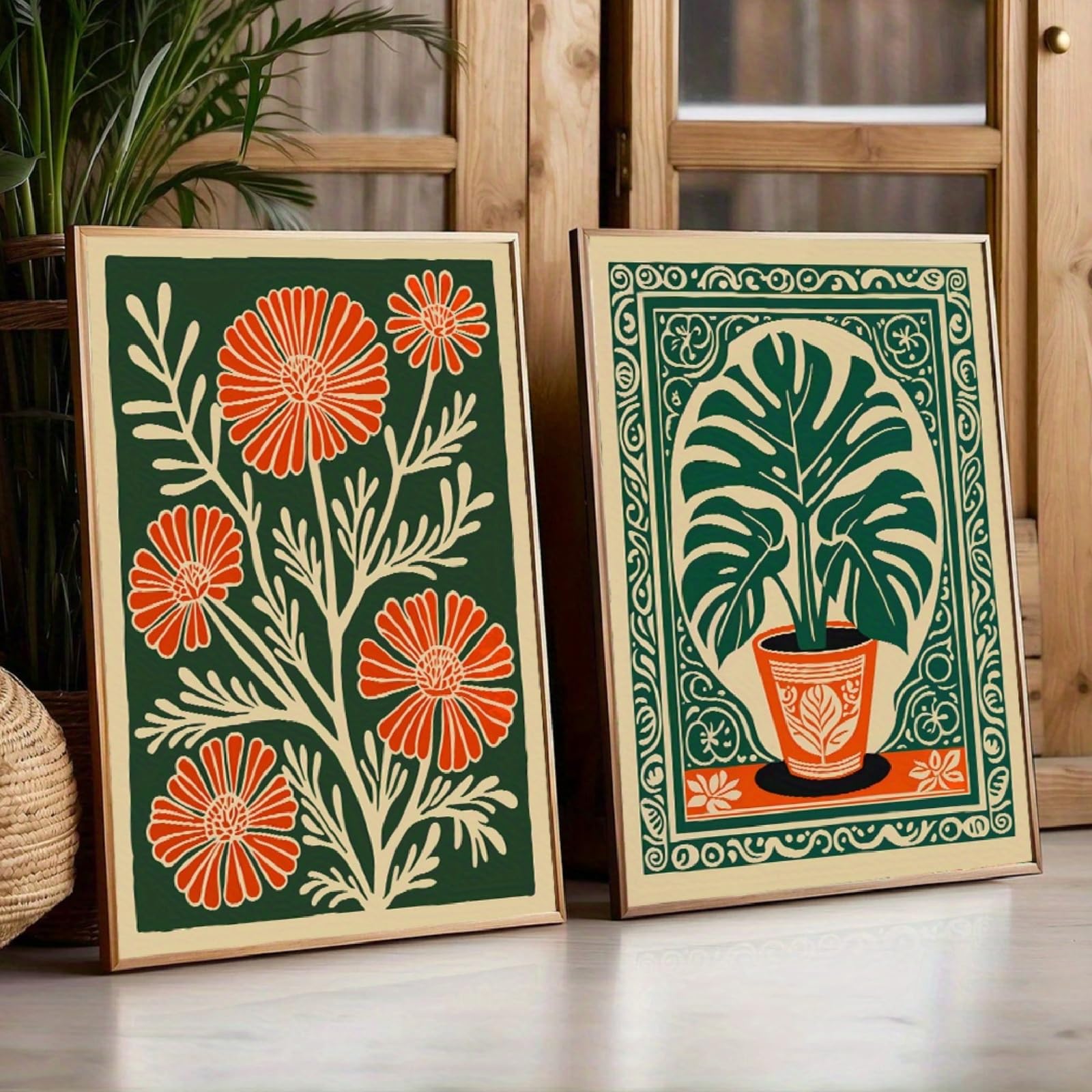 ZBELLO Set of 2 Posters, 2D Flat,Vintage Botanicals, Red Daisies and Monstera, Tropical Plants, Suitable for Living Rooms, Bedrooms and Offices, Frameless (21x30cm)