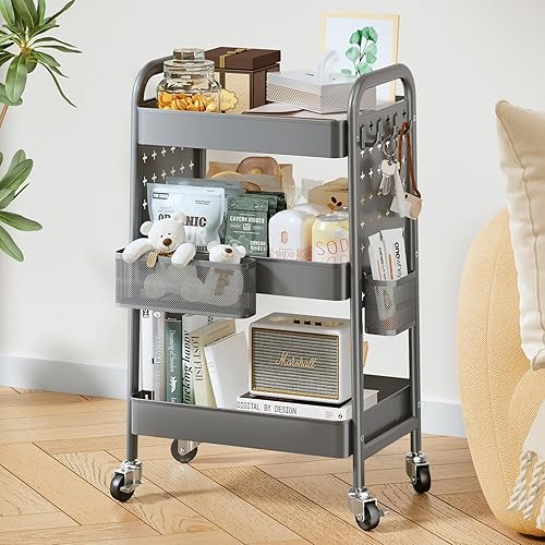 Carrito utilitario rodante de 3 niveles, organizador de carrito de metal blanco con ruedas, carrito de libros con tableros de clavijas dobles para