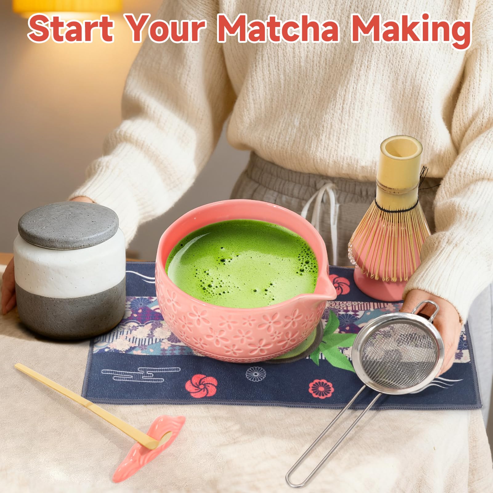 Kit Te Matcha de Cerámica 7 Piezas, Matcha Set con Cuenco de Matcha, Cuchara, Colador, Batidor, Portacucharasy Soporte para la Batidora, Kit Matcha Completo, Regalo para Navidad y Cumpleaños