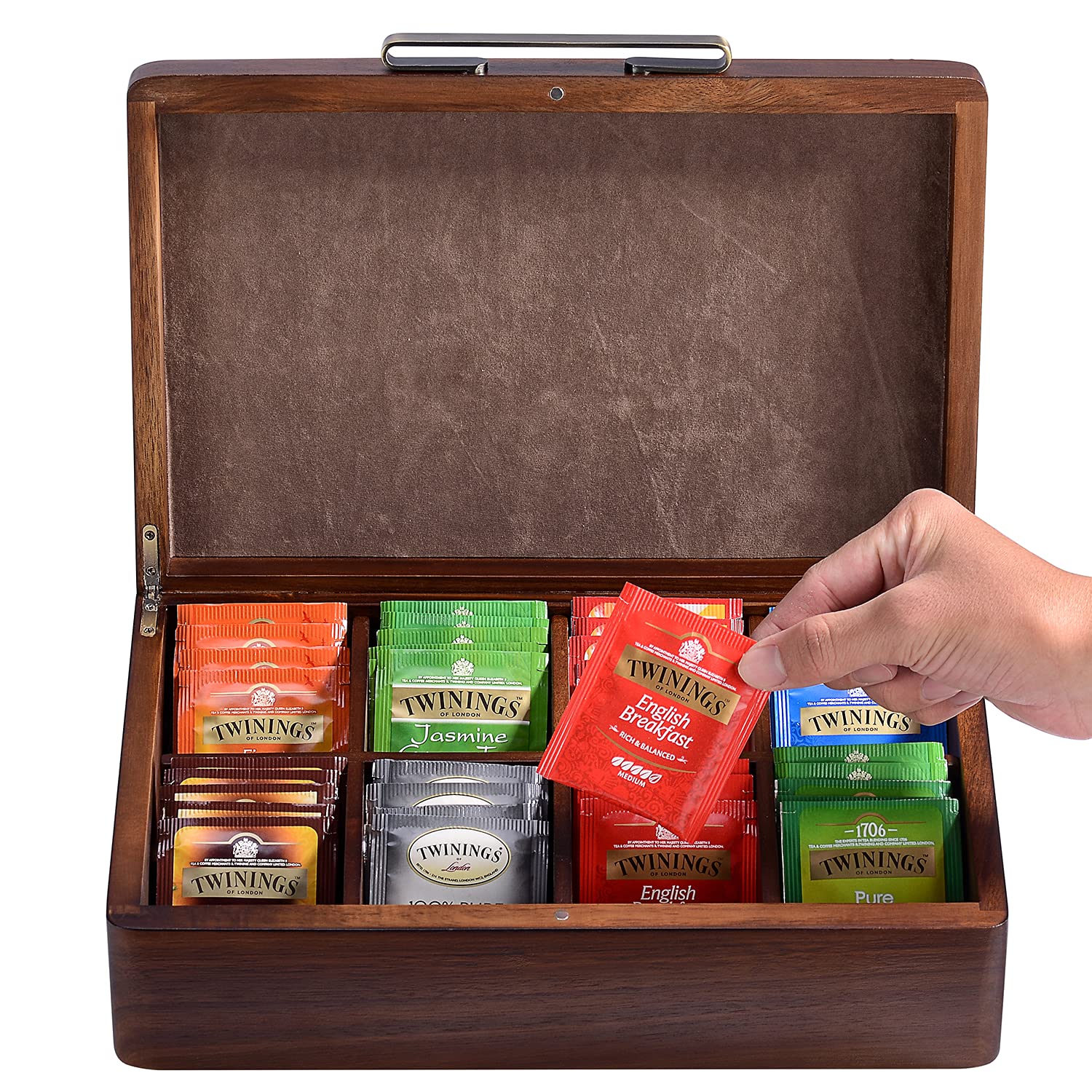 ShanikWooden Tea Box - Tea Sachets Storage - Unique, Durable & Long-Lasting Organizer - Natural Acacia Wood Box - Perfect for Women (8 Slots)