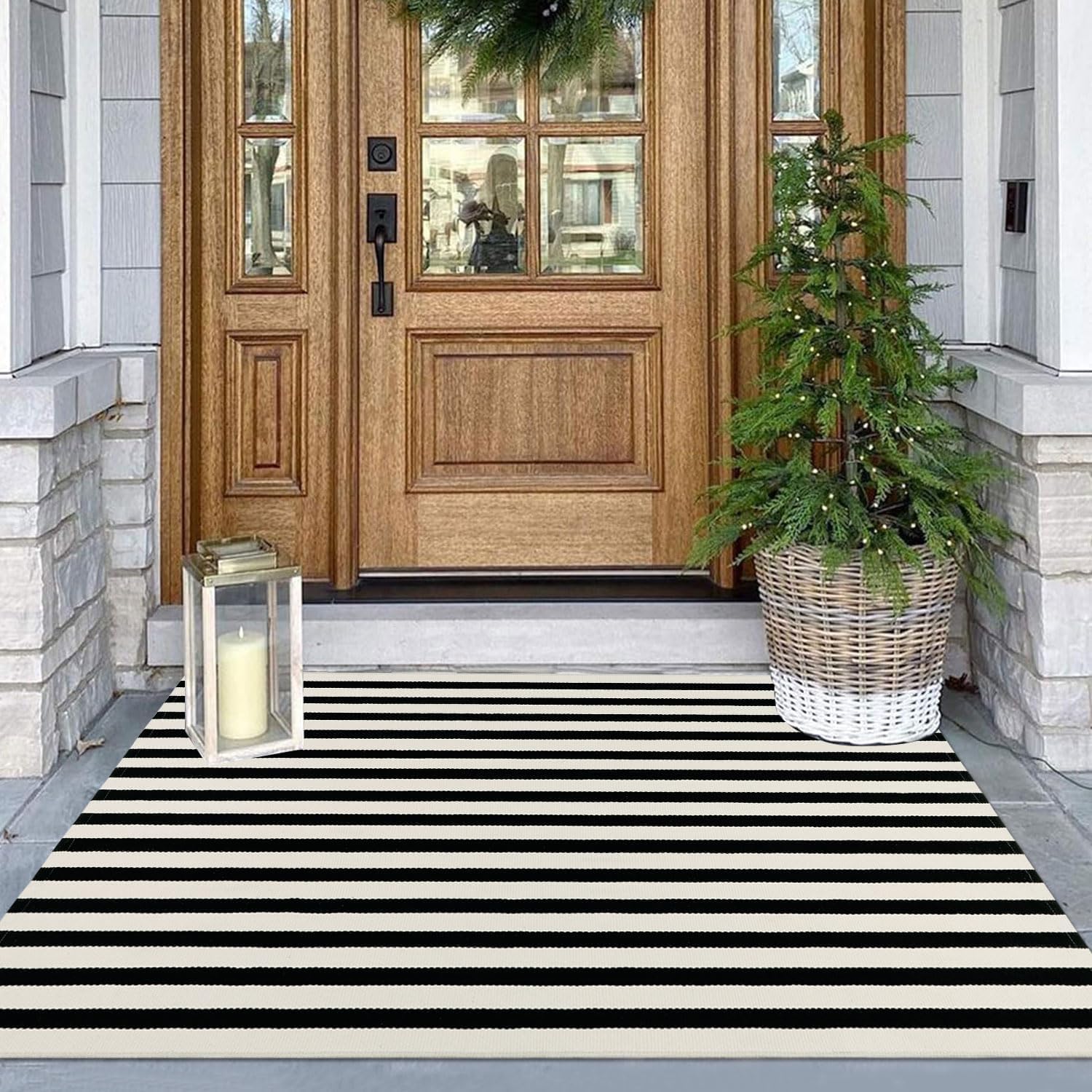 Indoor Outdoor Rug 3x5 Front Door Mat Outdoor Cotton Welcome Mat Outdoor Farmhouse Layered Mat Washable Stripe Outdoor Mats for Entrance Front Door Porch Balcony(Black/Tan) — view 21