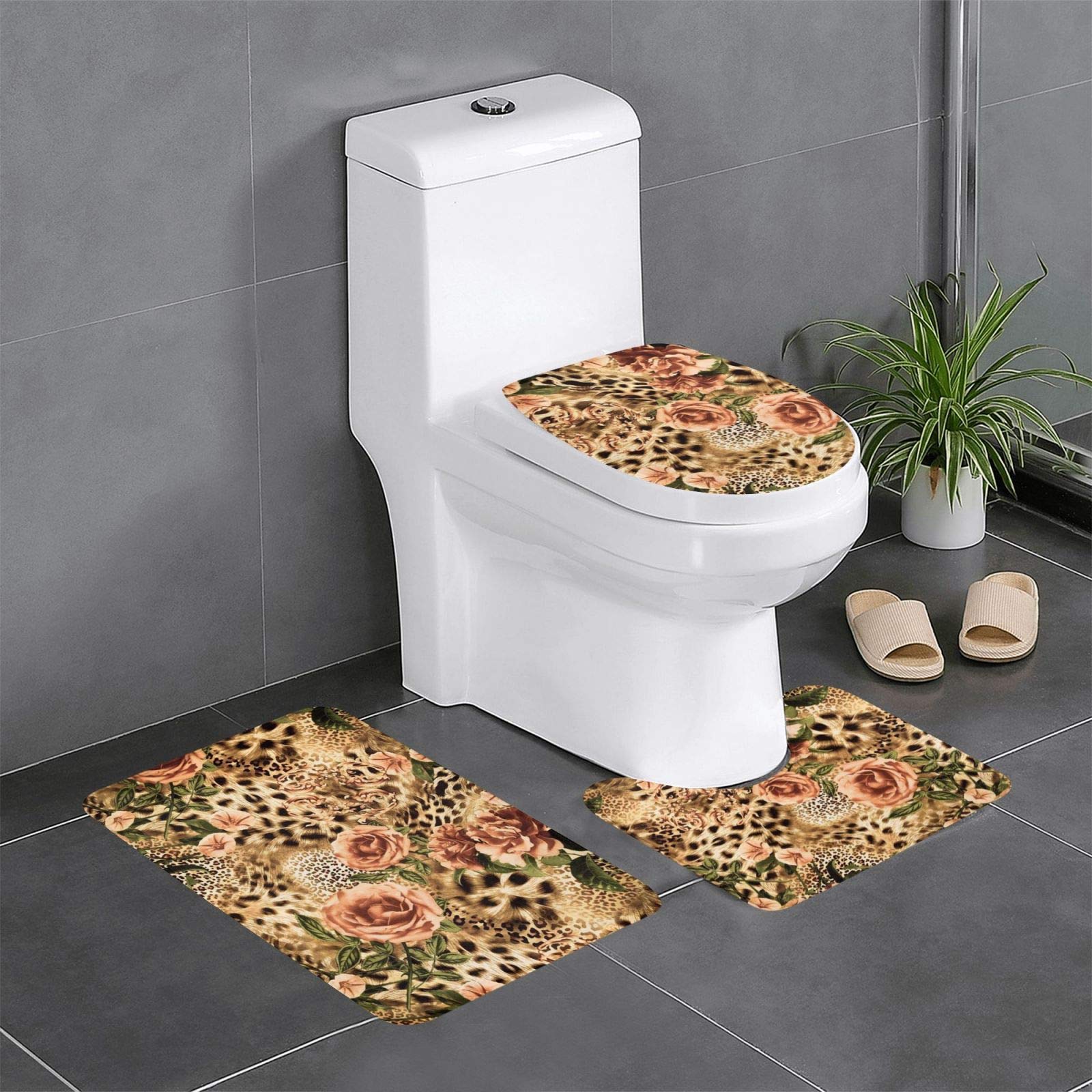 Tapis de salle de bain léopard Lot de 3 avec contour et housse WC