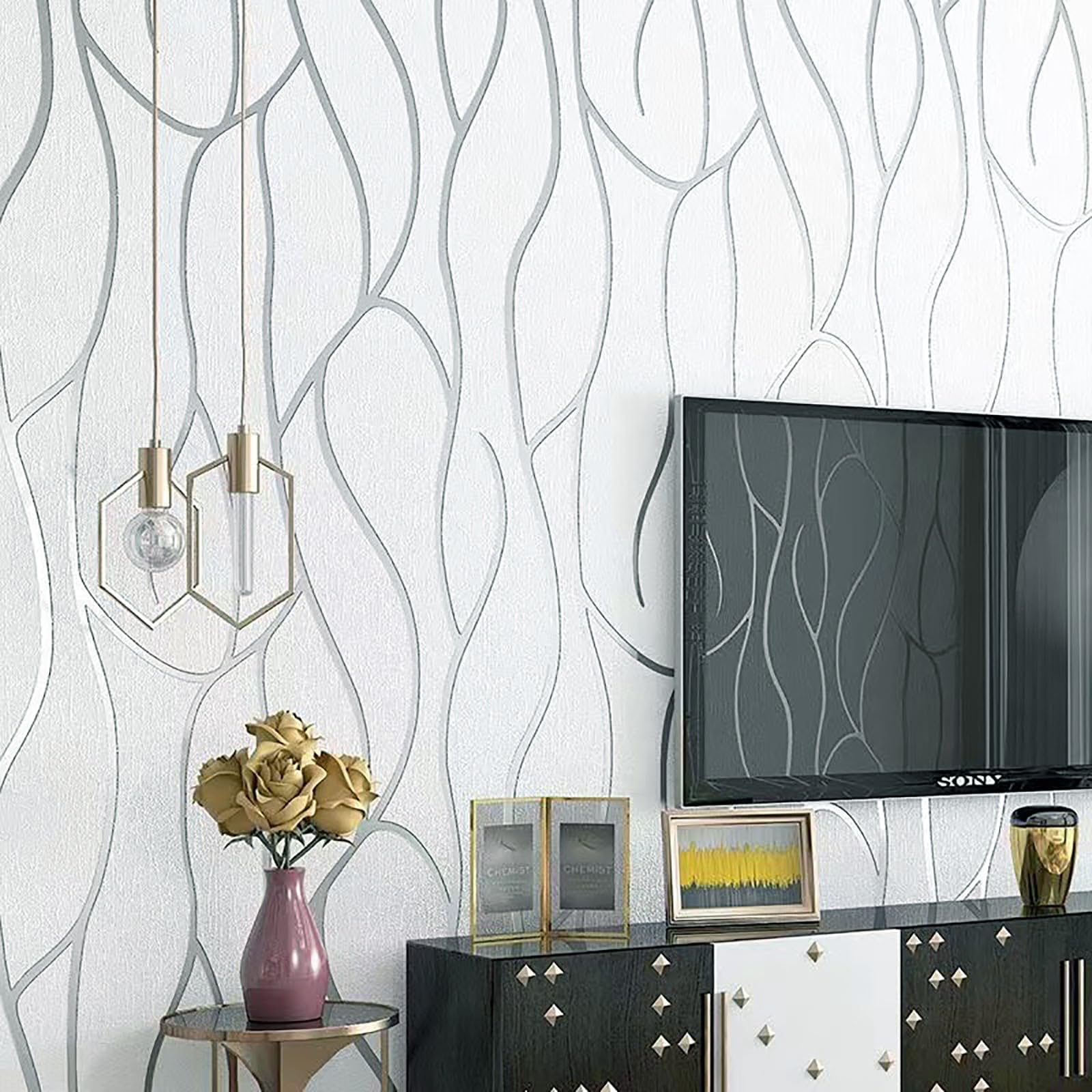 Trafagala 3D Non-Woven Embossed White Wallpaper Textured Effect Wall Paper Roll Modern Micro Glitter Geometric Striped Satin Surface Feature Wallpaper for Livingroom Bedroom