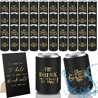 101 Pcs Wedding Can Cooler Bulk Engagement Party Favors for 100 Guests Cheers to Love Laughter, and I'll Drink Can Cooler with 1 Pcs Wooden Wedding Table Sign Bridal Shower Favor(Black)