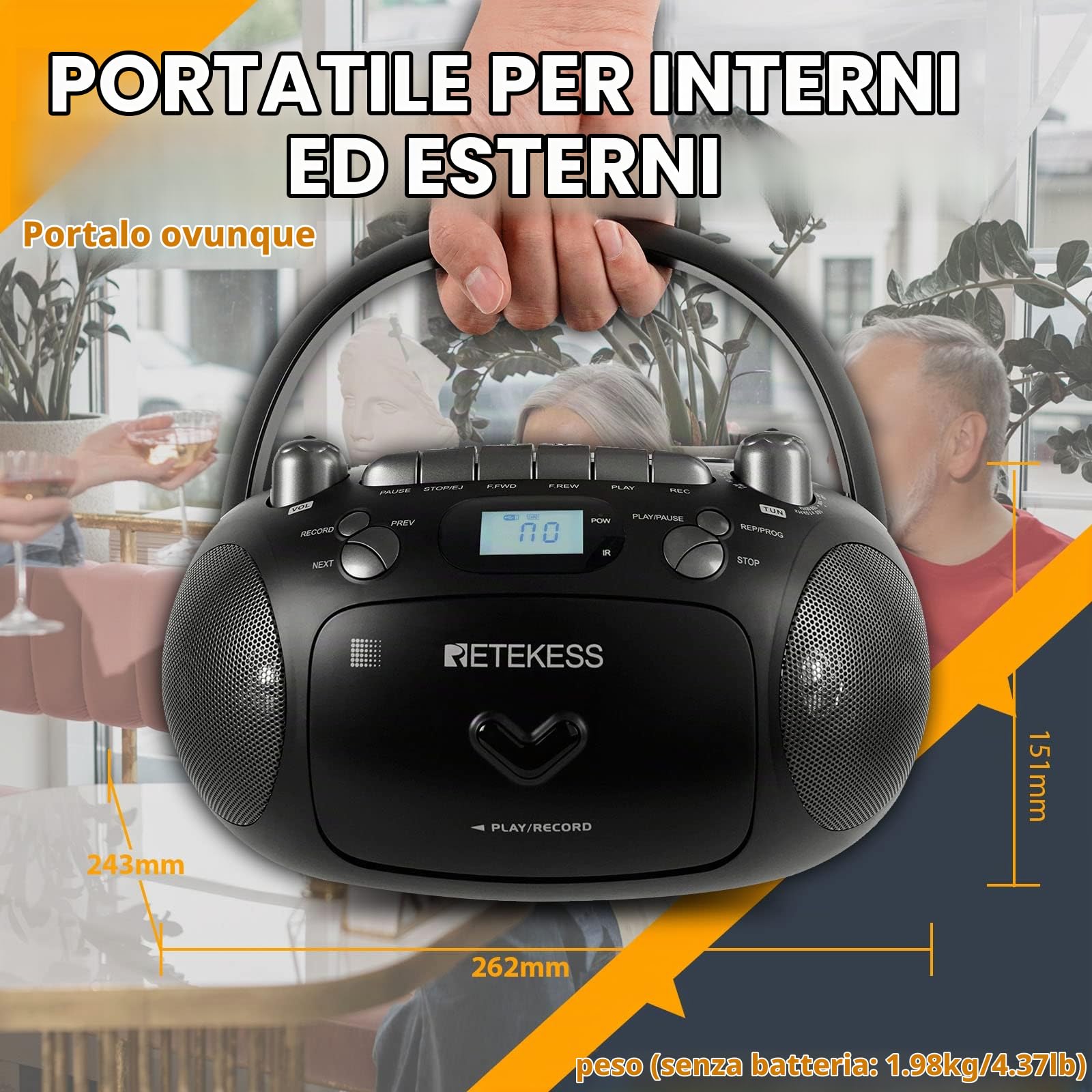 Retekess TR630 Lettore CD, Lettore Cassette | per Intrattenimento Domestico, Famiglia, FM/AM, Boombox Stereo, USB/TF, LCD con Retroilluminazione