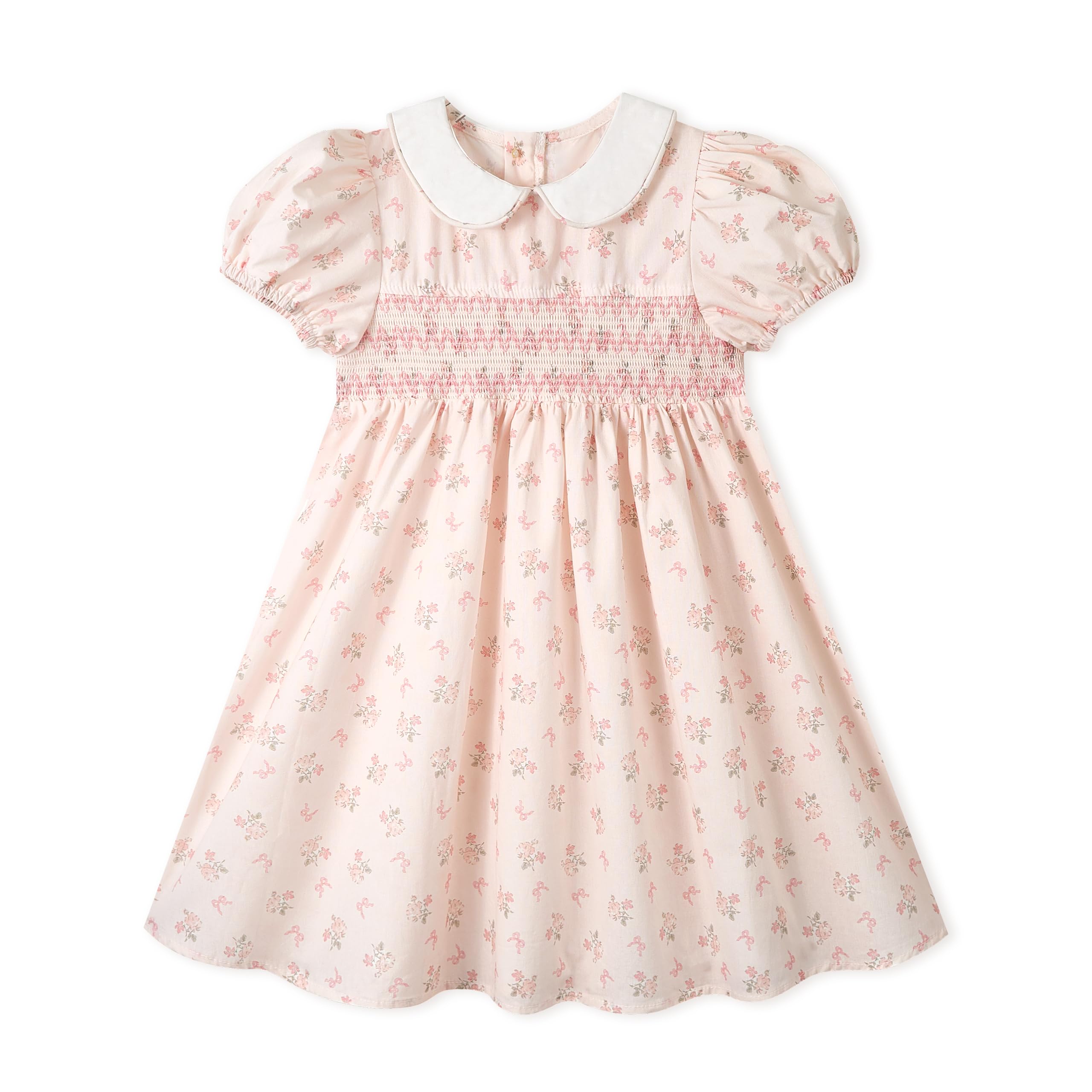 Miipat Robe à Fleurs Smockée Coton pour Petite Filles, Élégante Vintage Décontractée à Manches Bouffantes Princesse Été Robes Enfant