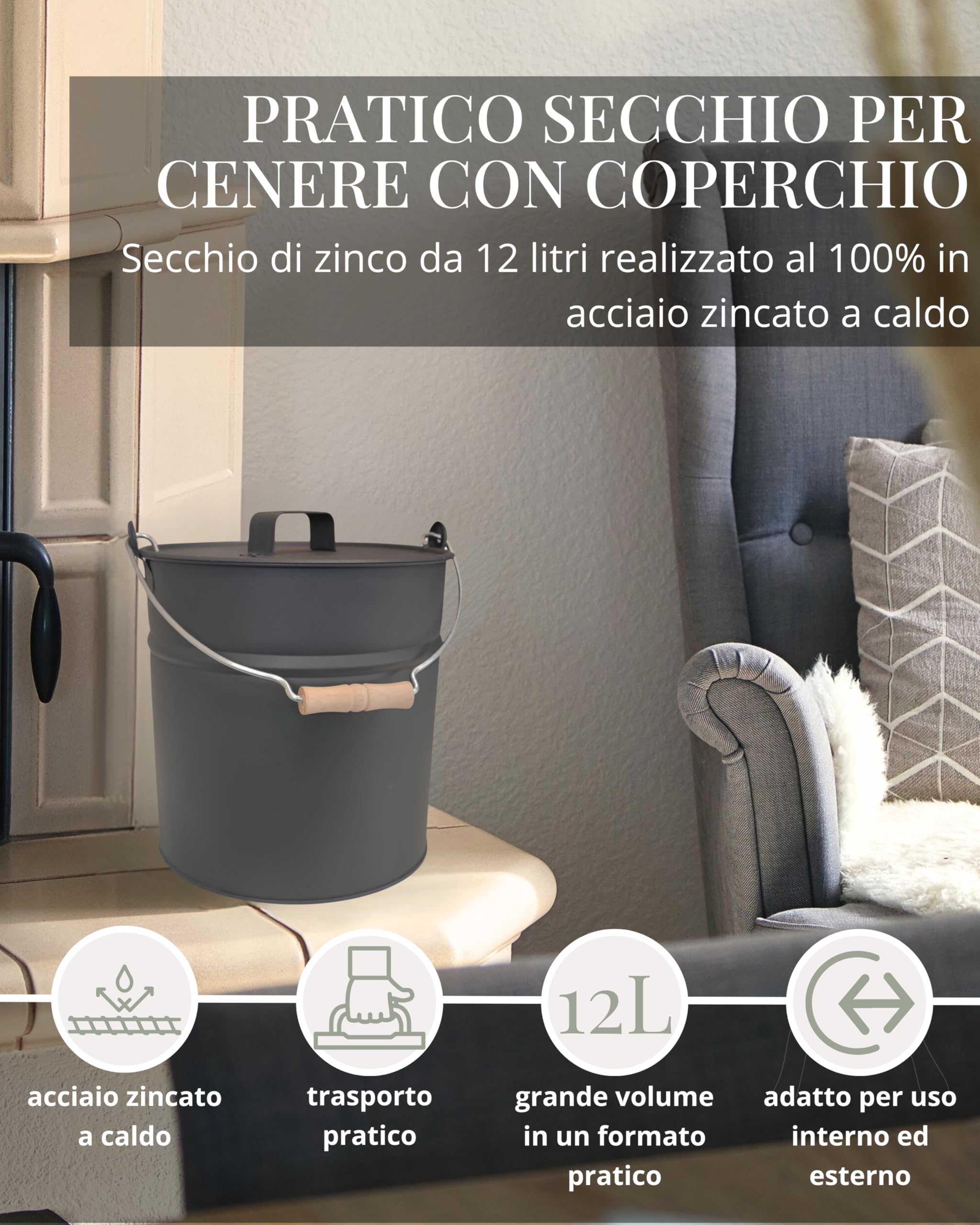 LIVLIG Secchio con coperchio, 12 l, secchio di zinco, secchio per cenere con coperchio, secchio in metallo, accessori per camino, secchio in lamiera, antracite