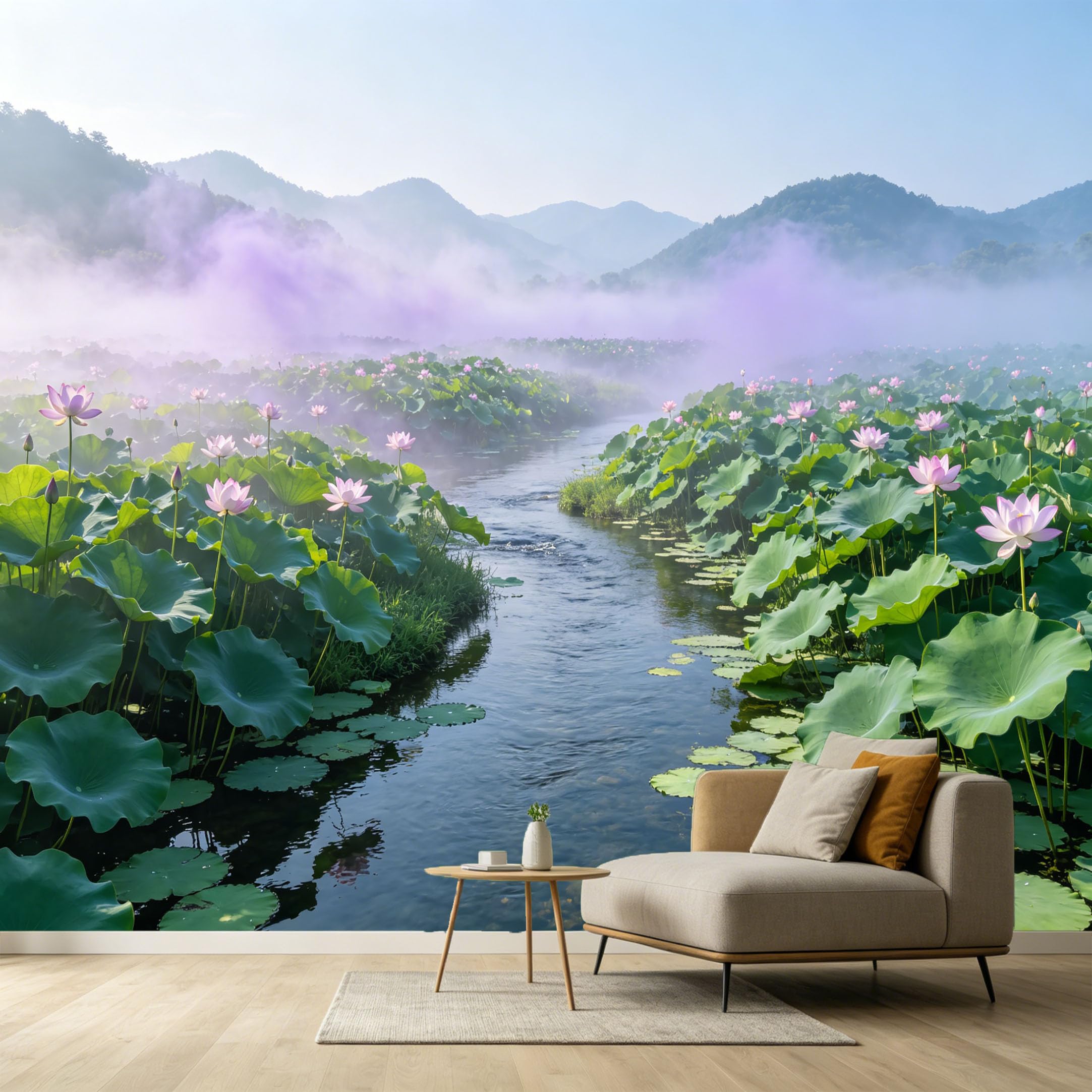 Custom Size Wall Murals Misty Lotus Pond Landscape Mountain Stream Botanical Watercolor SelfAdhesive Wall Fabric Removable Large Wallpaper for Photo Living Room