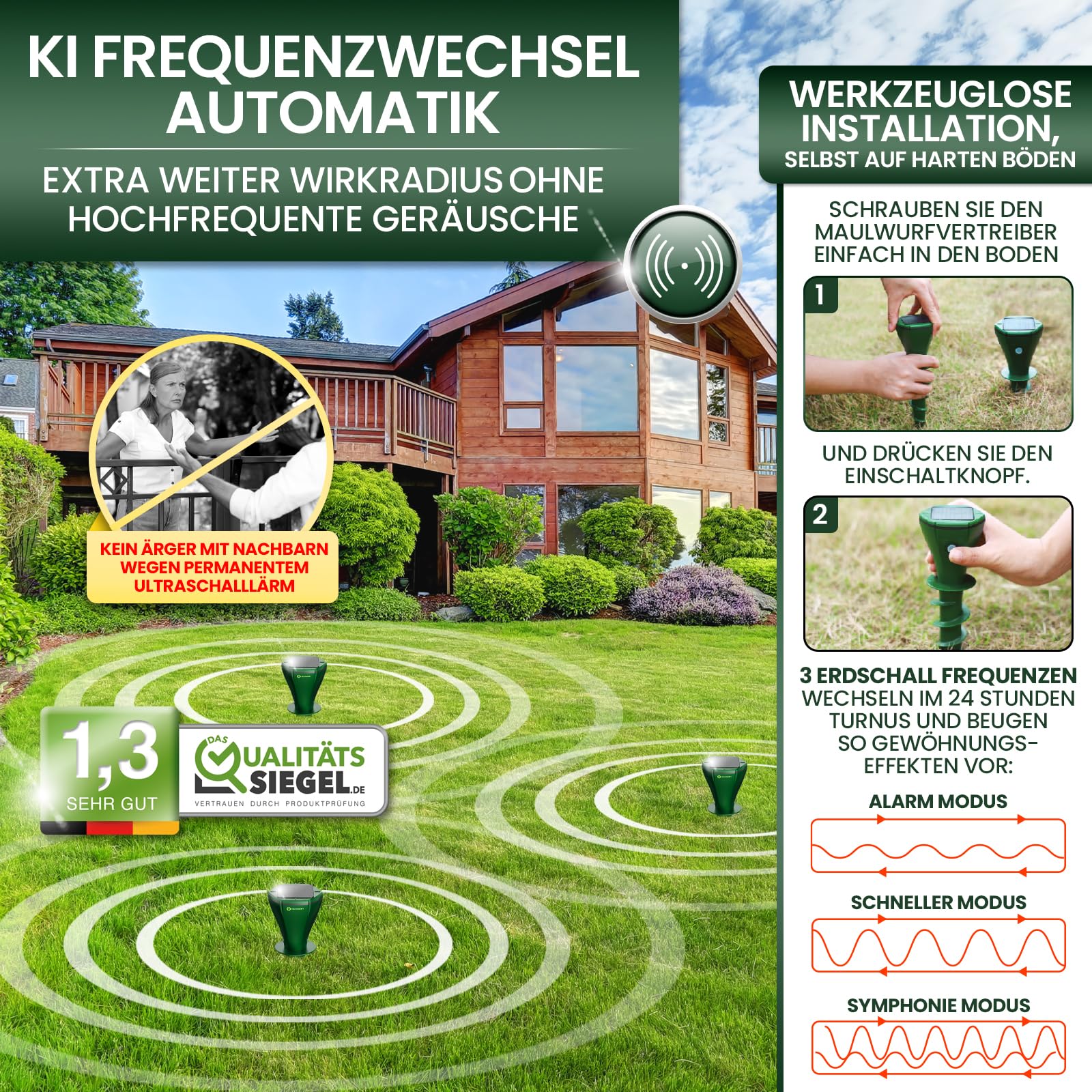 HEIMWERT Maulwurf Vertreiber Wühlmausschreck - SCHNELLE Ergebnisse mit KI Wechselfrequenz Automatik - Solar Abwehr wasserdicht und flüsterleise - auch gegen Wühlmäuse (4er Pack)