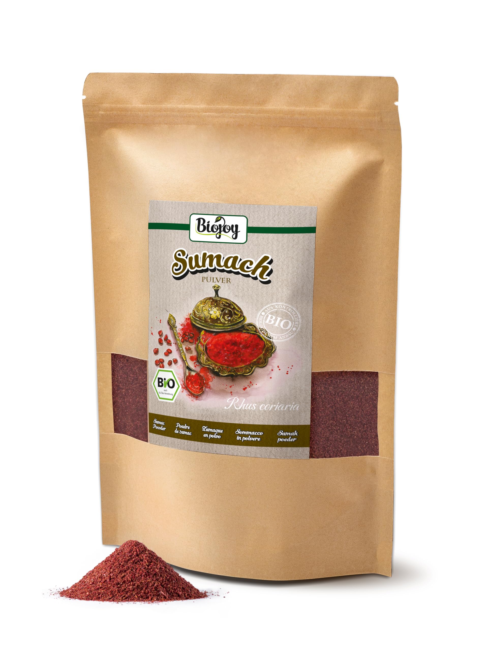 Biojoy Sumac BIO turc, finement moulu, avec 5% de sel gemme, 1 kg | Assaisonnement au sumac non traité, Rhus coriaria L.