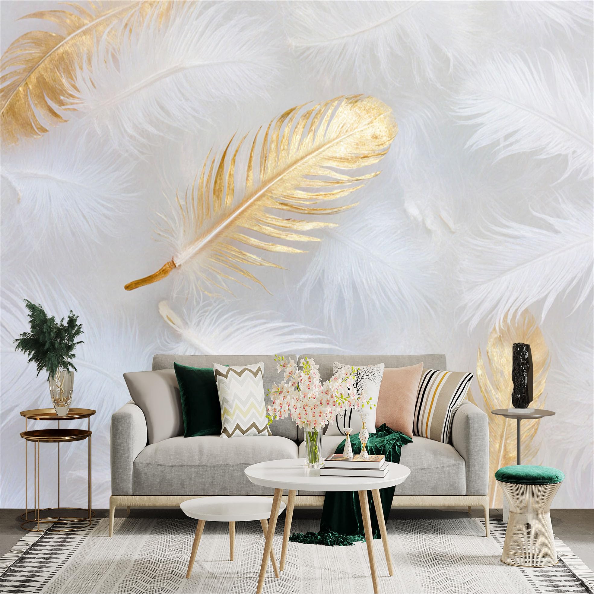 Custom Size Wall Sticker Mural， Elegant White Fluffy Feathers with Metallic Gold Accents， Luxury Minimalist Texture， for wall Decoration， peelandstick wall Decals.