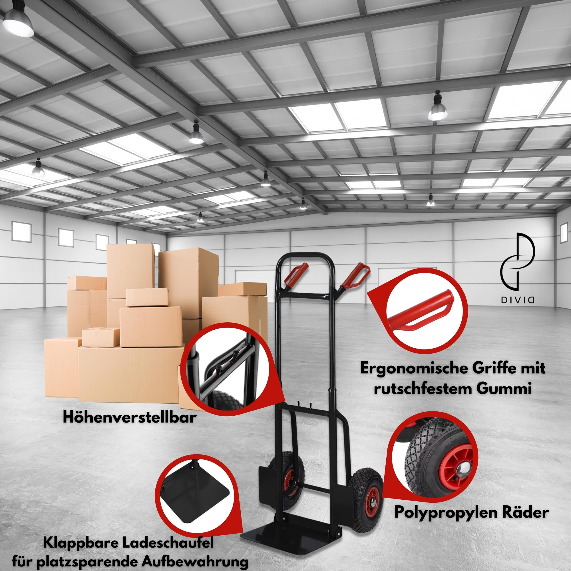 DIVID® Klappbare Sackkarre max. 200Kg, Stahl, ergonomisch Transporter für Umzüge, Lager und Einkäufe (Schwarz)