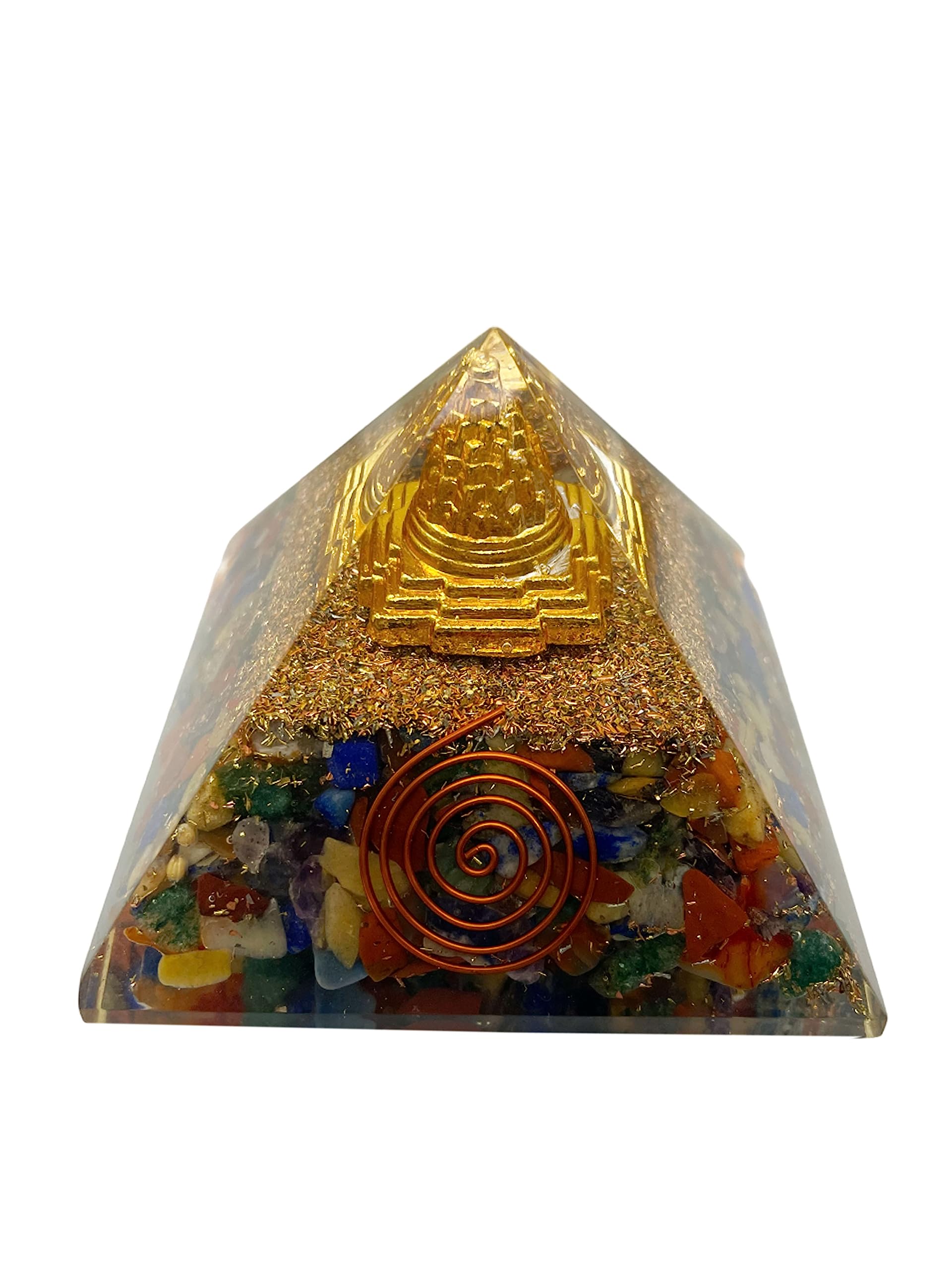 Saubhagya Global Resin Medium Size Multicolor Set of 1 Seven Chakra Shree Yantra Orgone Pyramid for Reiki Healing, Vastu Correction, Meditation