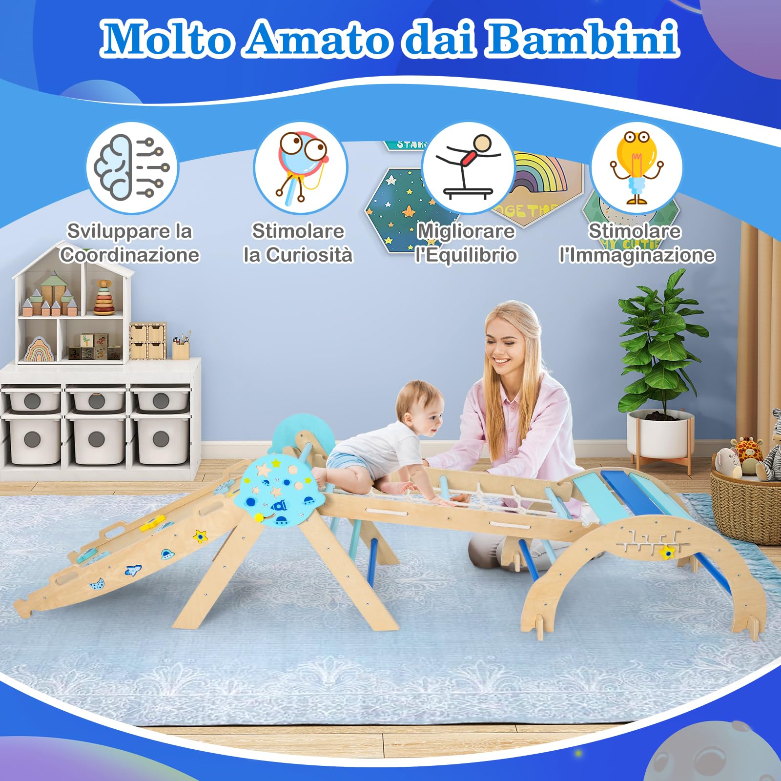 RELAX4LIFE Set da Arrampicata per Bambini, Triangolo di Arrampicata con Scivolo e Arco, Gioco di Incastri in Legno, Gioco Montessori per Bambini 1+ Anni (Astronauta-4 Pezzi | Blu)