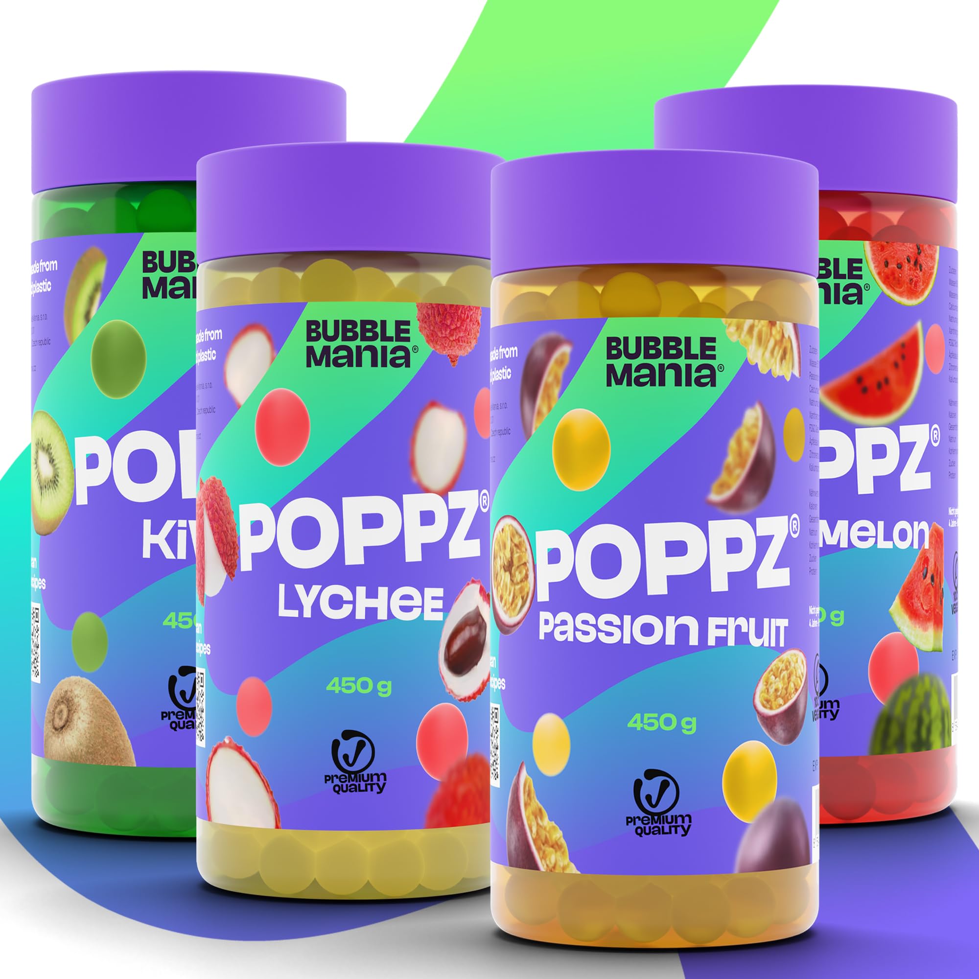 BubbleMania Set de Bubble Tea Boba Popping Perlas de Tapioca 4 Paquete Maracuyá Lichi Kiwi Sandía