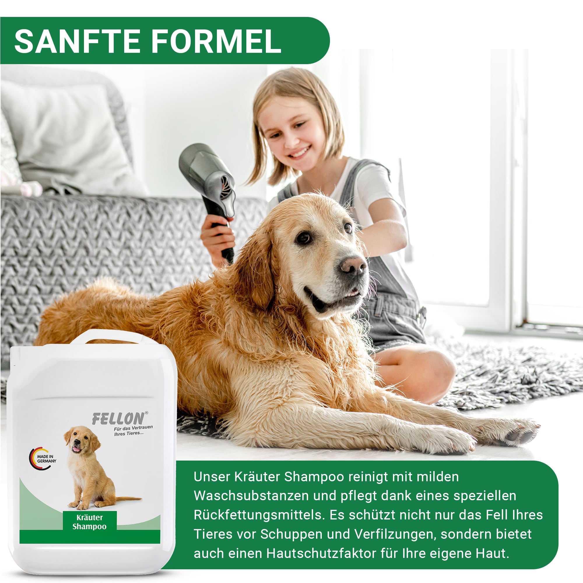 Fellon Kräutershampoo für Hunde – pH-neutrales Hundeshampoo mit natürlichen Kräuterextrakten – Fellpflege für glänzendes Fell, silikonfrei, hautfreundlich, für Welpen & alle Felltypen – 10 Liter