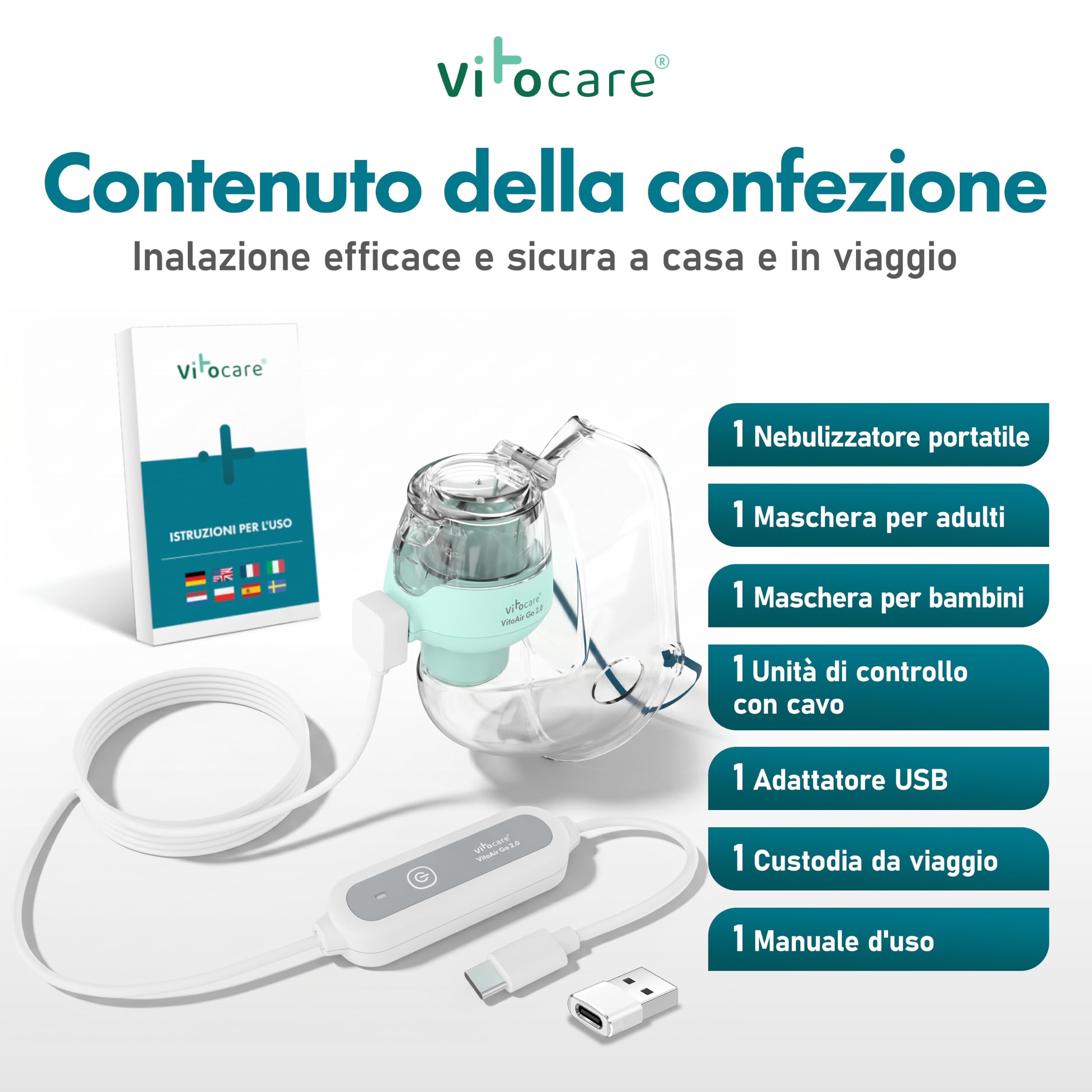 Nebulizzatore per adulti e bambini – vitocare VITOAIR Go 2.0, inalatore ultraleggero con 2 misure di maschera, USB-C e USB, portatile