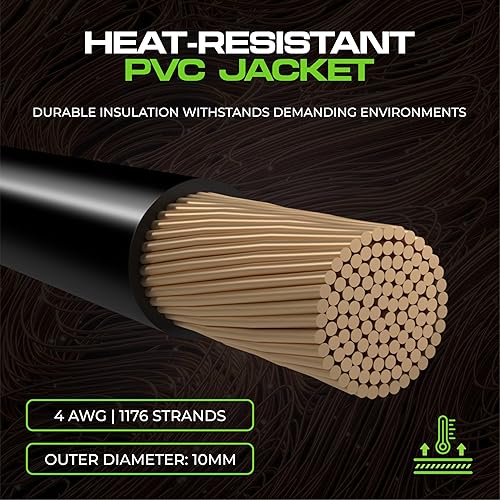 Miniatura 6 de Cable de calibre 4 AWG (25 pies), color negro, cobre sin oxígeno (OFC), cable automotriz, alimentacióntierra, cable de batería, soldadura de