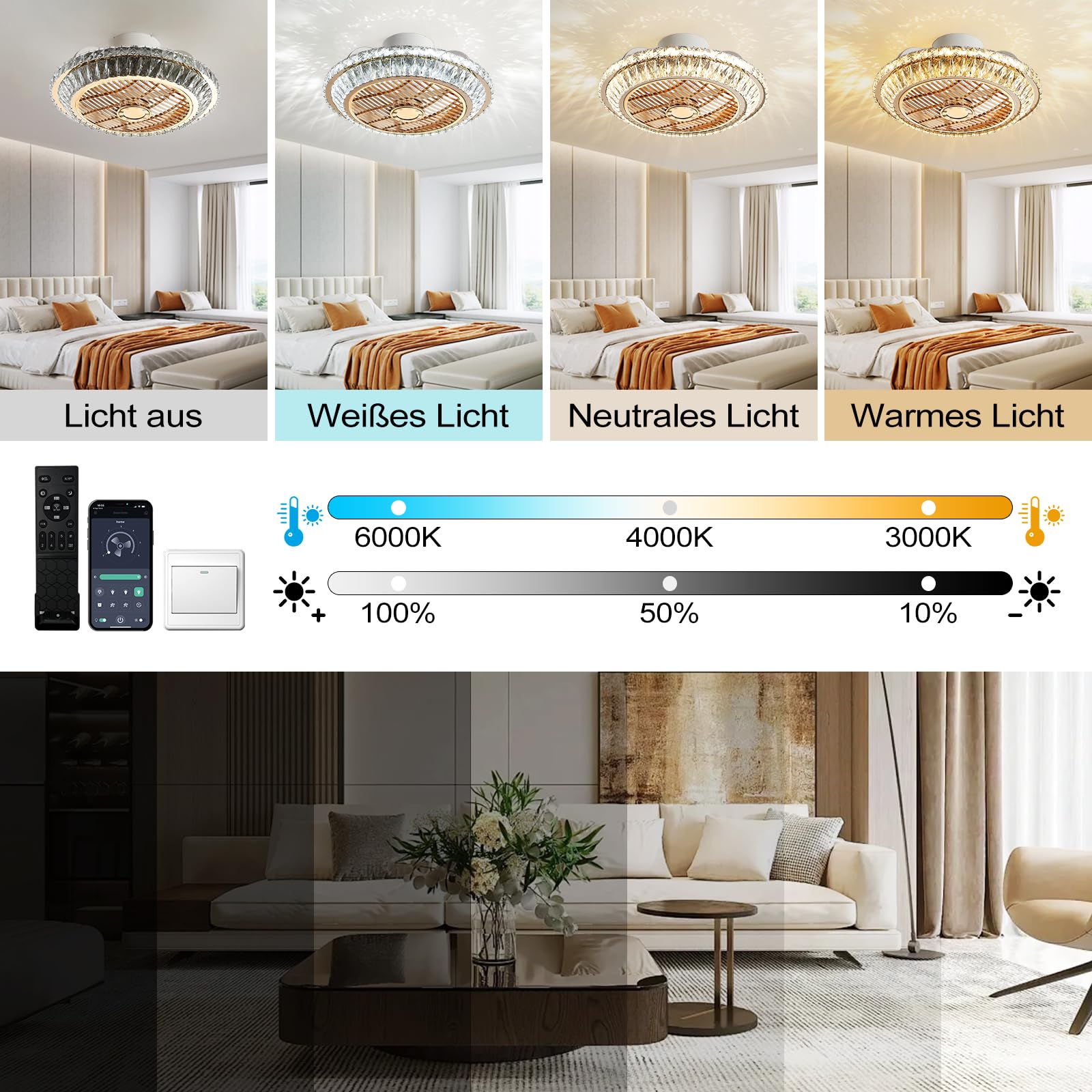 LED Deckenventilator mit Beleuchtung, Leise Kristall Ventilator Kronleuchte mit Fernbedienung Dimmbar Timing Fan Deckenleuchte,72W Moderne Fan Deckenlampe mit Flügelrad, 360°-Umluftleitrad