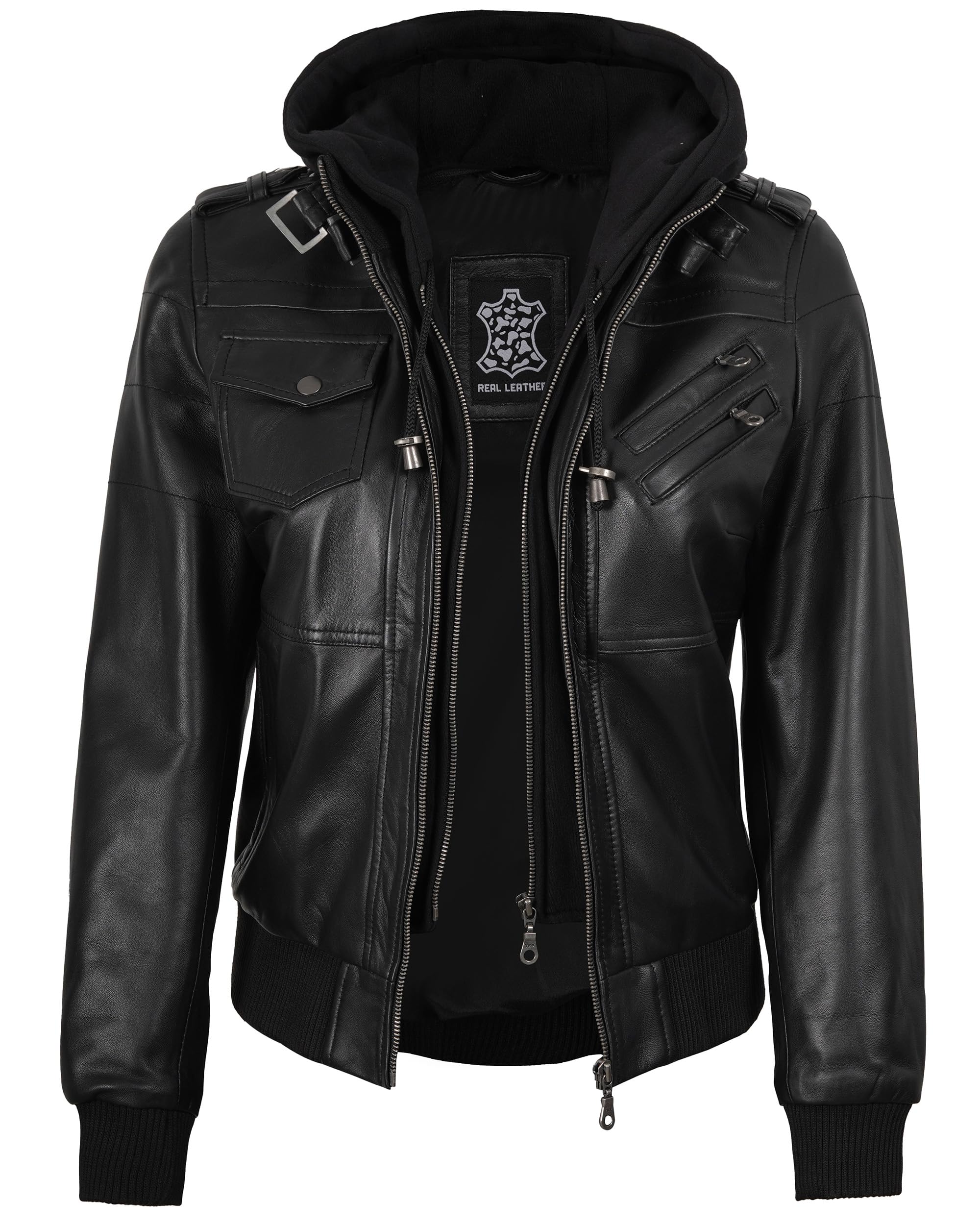 fjackets Blouson bomber en cuir pour femme - Veste en cuir d'agneau véritable pour femme avec capuche amovible - Veste à capuche pour femme