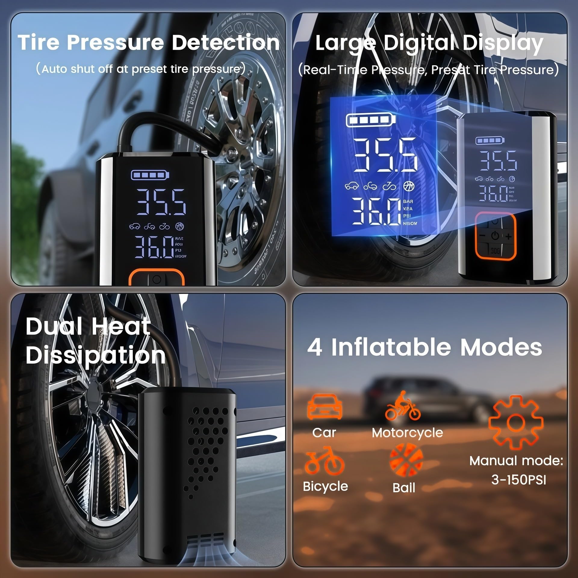 Gonfiatore per Pneumatici per Pompa d'Aria per Auto | Gonfiatore multifunzione wireless elettrico portatile Per bici fuoristrada berlina SUV