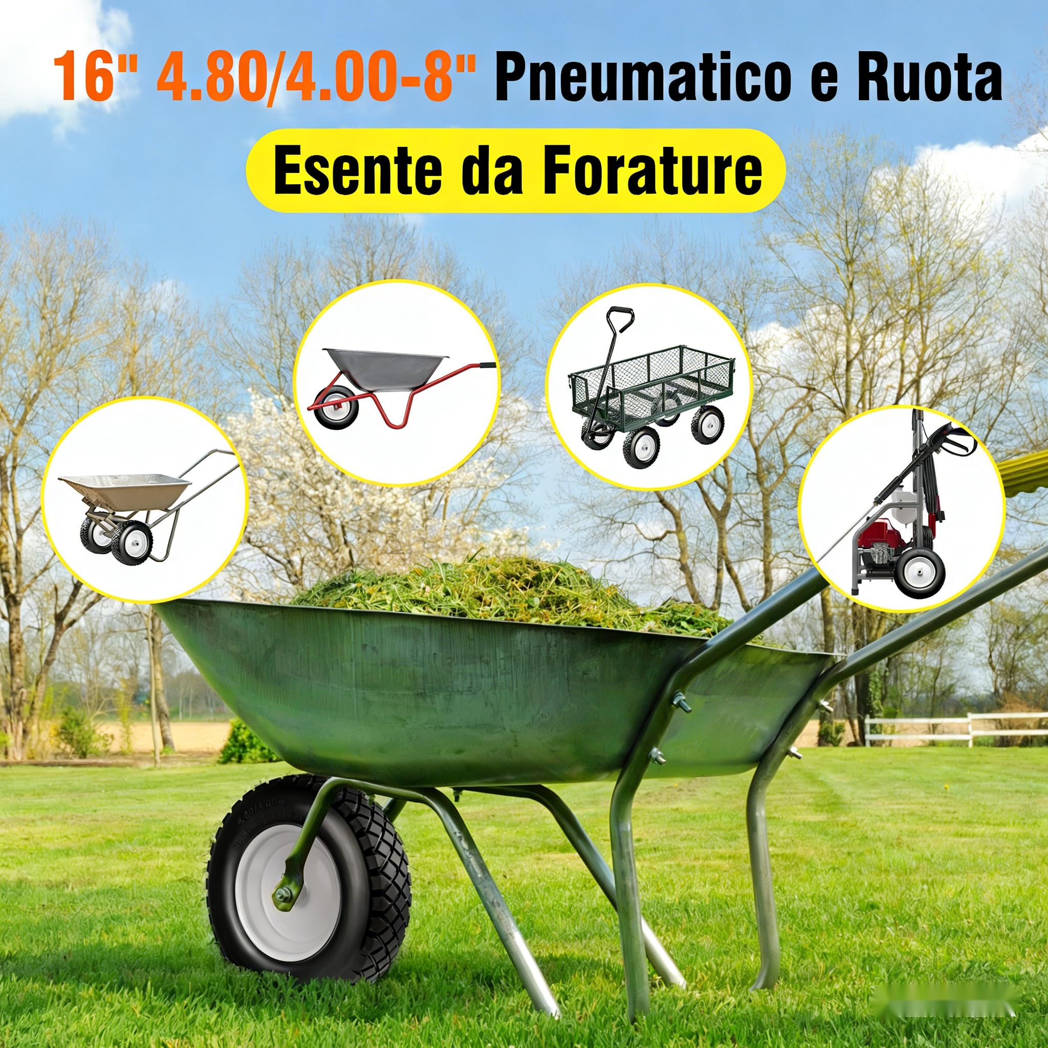 Pneumatico e Ruota Anti-pinchio 4.80/4.00-8" 2 PZ, Ruota Solida da Carrello 38,99 cm con Cuscinetti 15,88 mm & 19,05 mm, Mozzo Centrato 7,62-17,78 cm,per Carrello a Mano/Remorchio da Giardino/Carretto