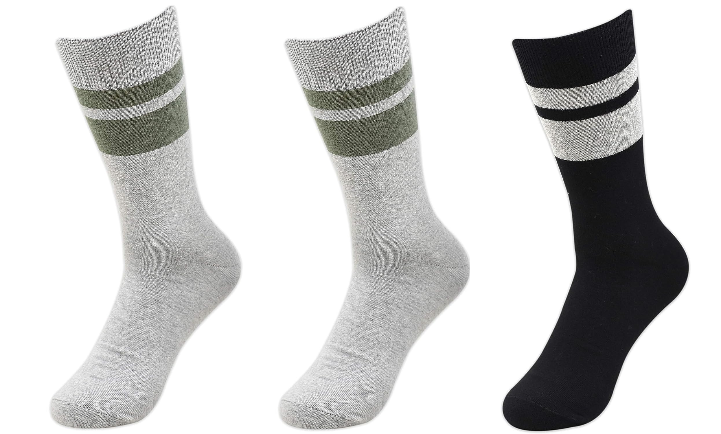 KANEEKSHIMen's Formal Cotton Crew Socks - 2 Light Grey & 1 Black Pair (Pack of 3), 2 Grey & 1 Black, Free Size