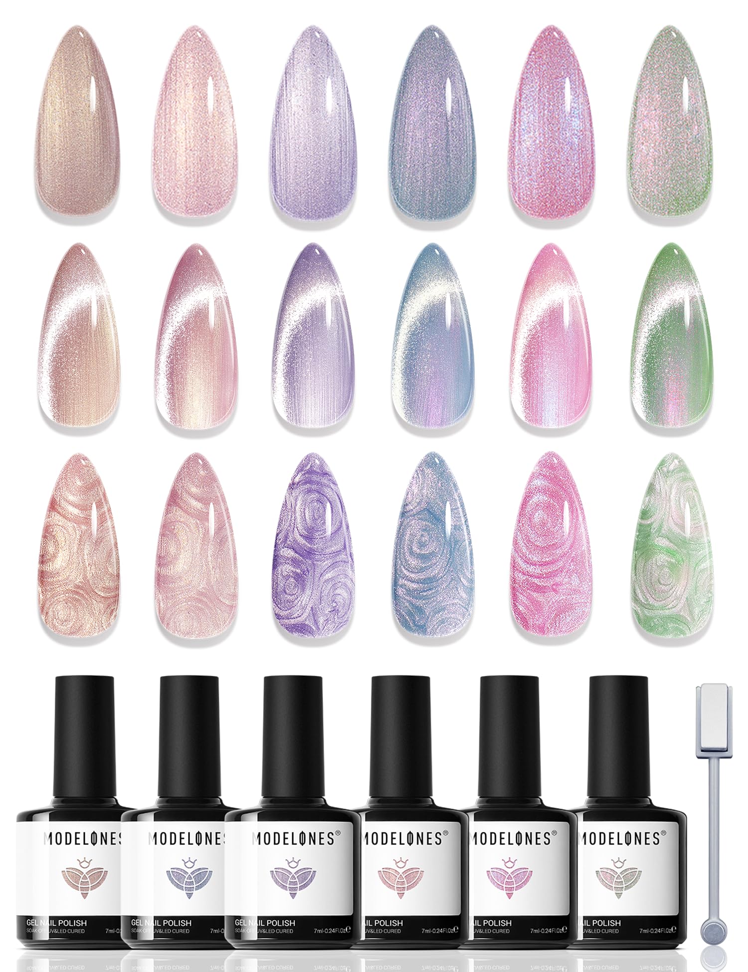 modelones Cat Eye Gel Nail Polish, 6 Colors Shimmer Pearl Magnetic Nail Drawing Set with Magnet, Iridescent Mermaid Swirl Shell Thread Purple Pink Blue Glitter, DIY Manicure Gift for Women Girl