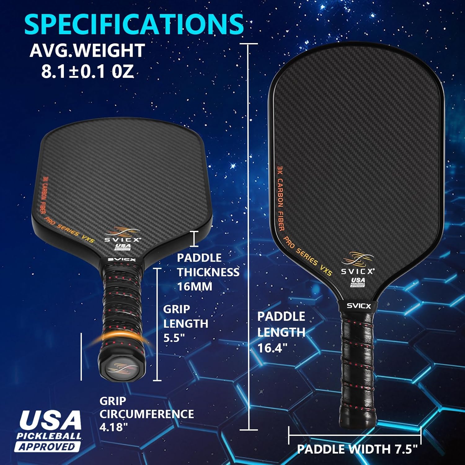 Carbon Fiber Pickleball Paddle 16mm – Professional Pickleball Paddles with Superior Control, Power & Spin – Extended Handle for Two-Handed Grip, USAPA Approved