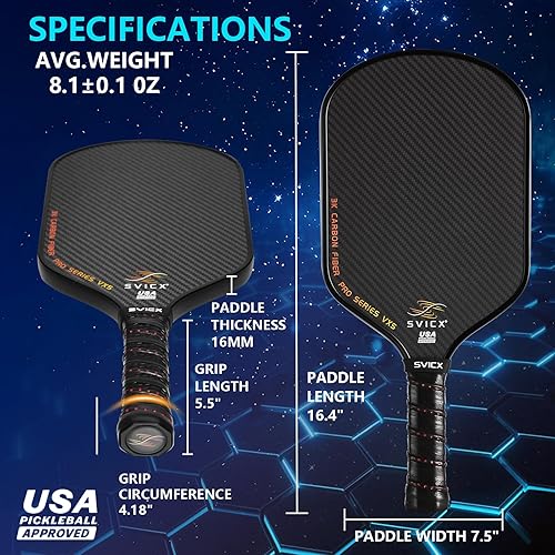 Miniatura 6 de Carbon Fiber Pickleball Paddle 16mm Professional Pickleball Paddles with Superior Control, Power & Spin Extended Handle for Two-Handed Grip, USAPA
