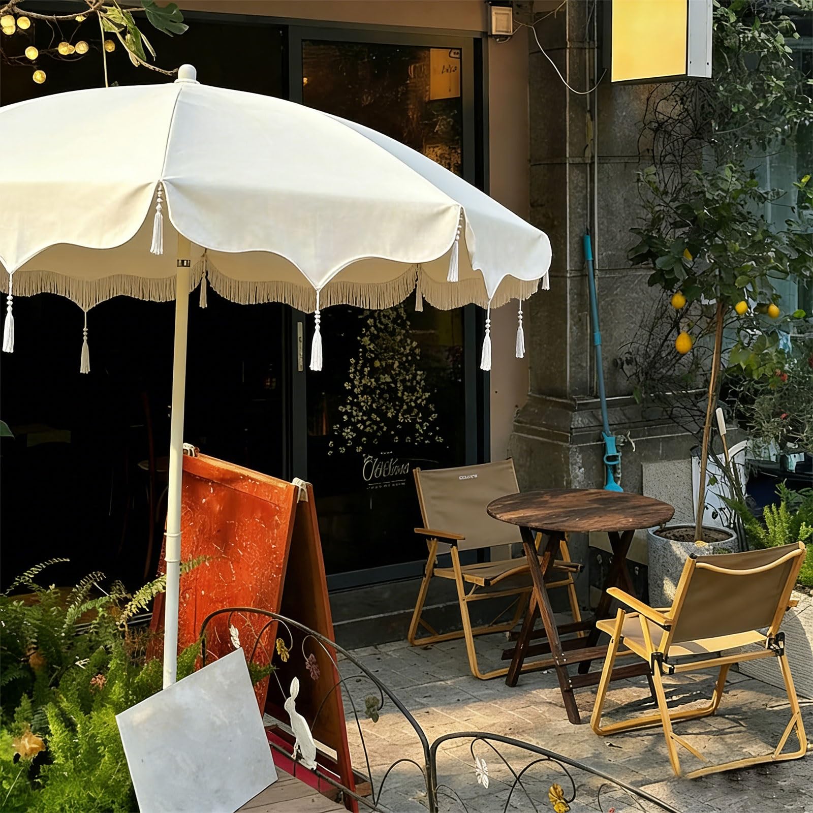 Strandschirm mit Fransen & Quasten, Gartenschirm Boho-Stil, UV-Schutz UPF 50+, Wasserdicht & Leicht, Verstellbar für Pool Terrasse Balkon Outdoor – Vintage Mid-Century