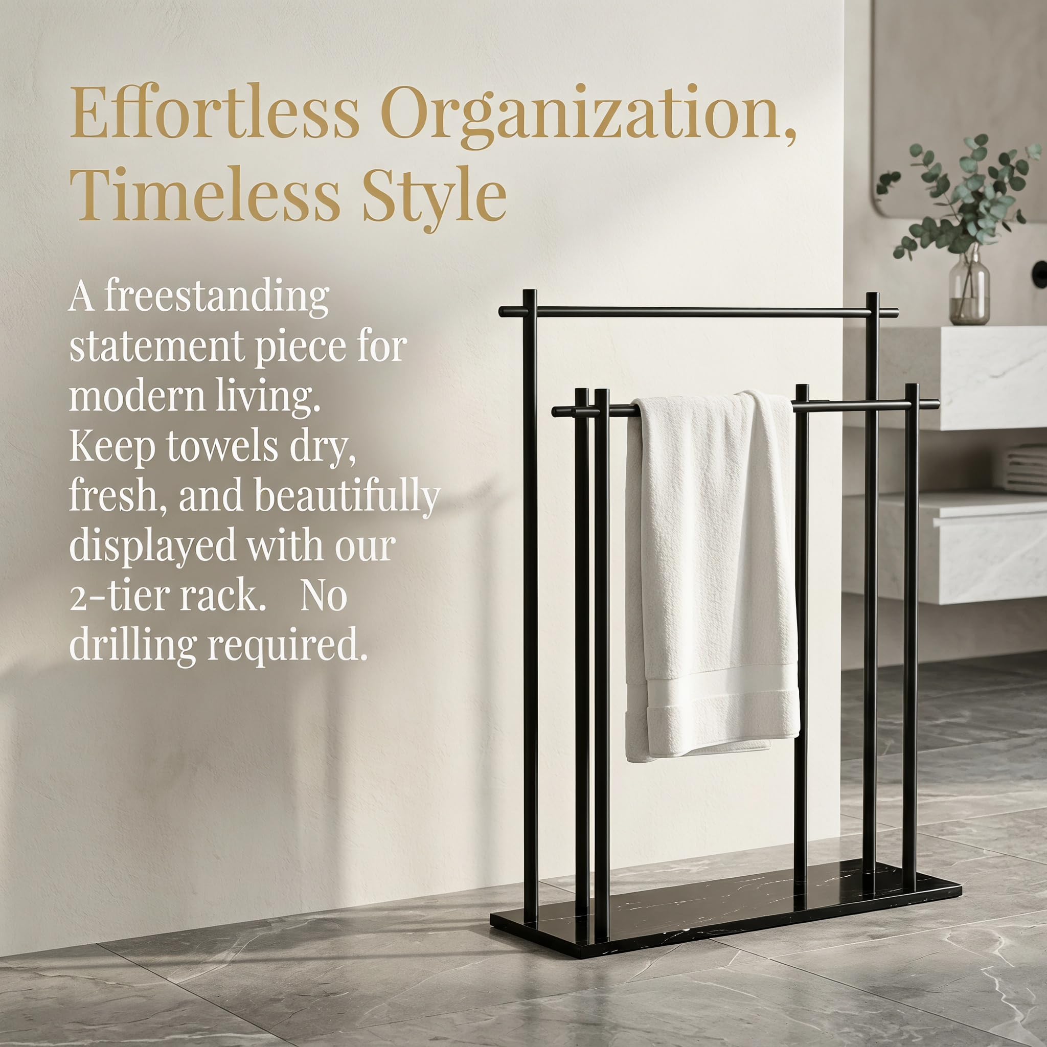 Portasciugamani autoportante, robusto organizer in metallo, design salvaspazio per asciugamani da bagno, asciugamani e accessori da bagno