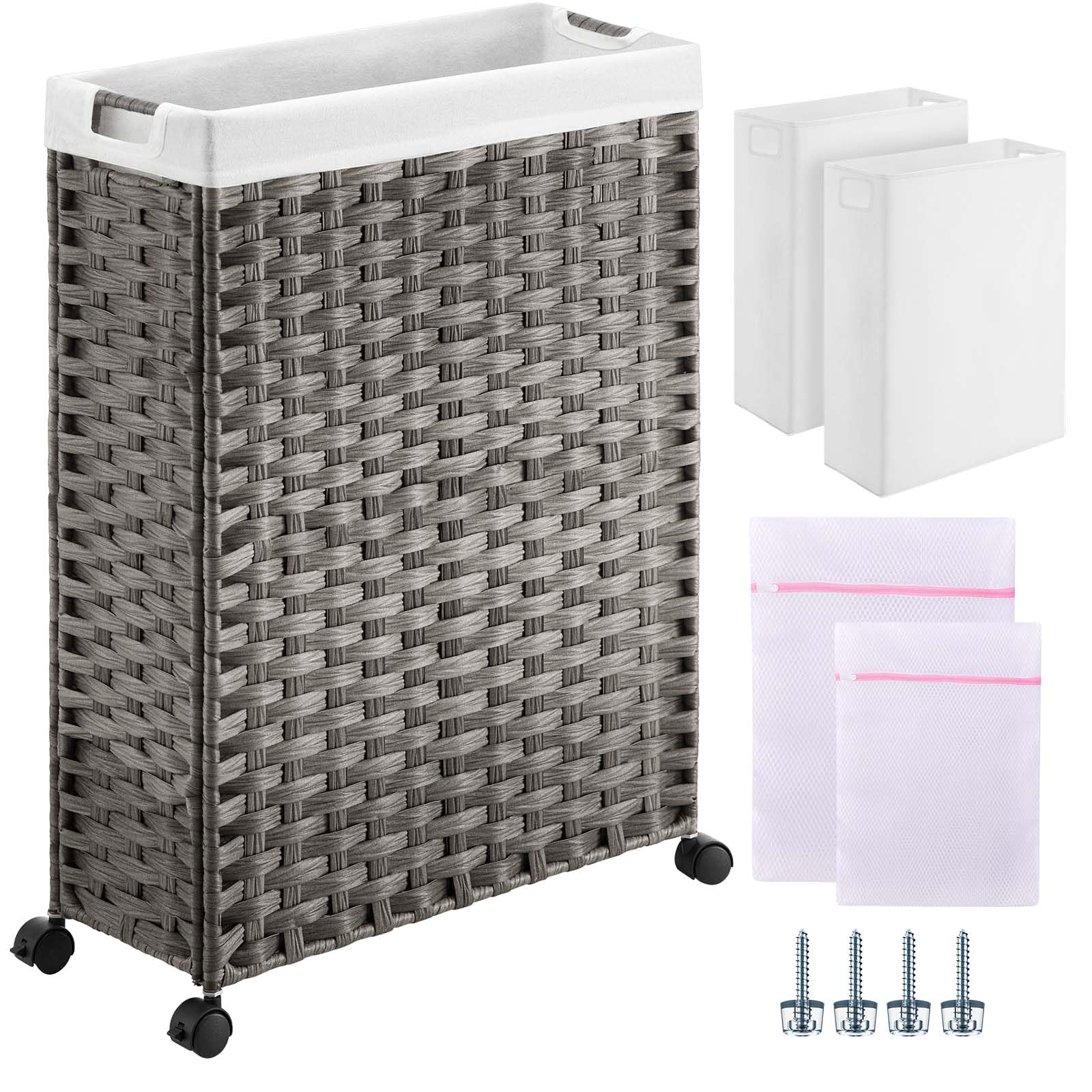 Greenstell Laundry Hamper with Wheels, 66L Slim Laundry Basket with 2 Removable Liner Bags & 2 Mesh Bags, Narrow Dirty Clothes Basket, Handwoven Synthetic Rattan Organizer in Bathroom, Bedroom, Grey